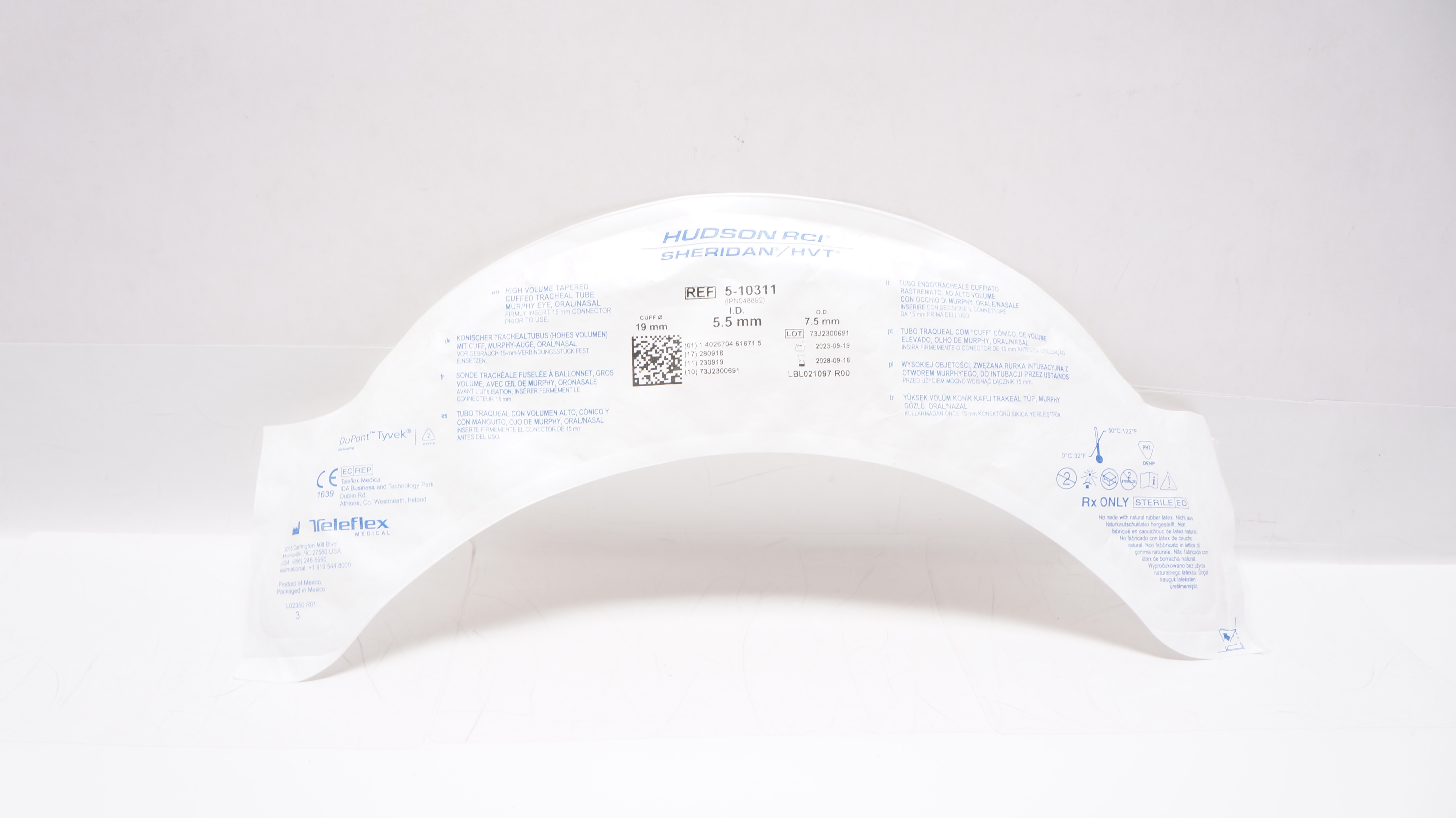 Teleflex 5-10311 Hudson RCI Cuffed Tracheal Tube Murphy Eye 5.5mm ID x 7.5mm OD