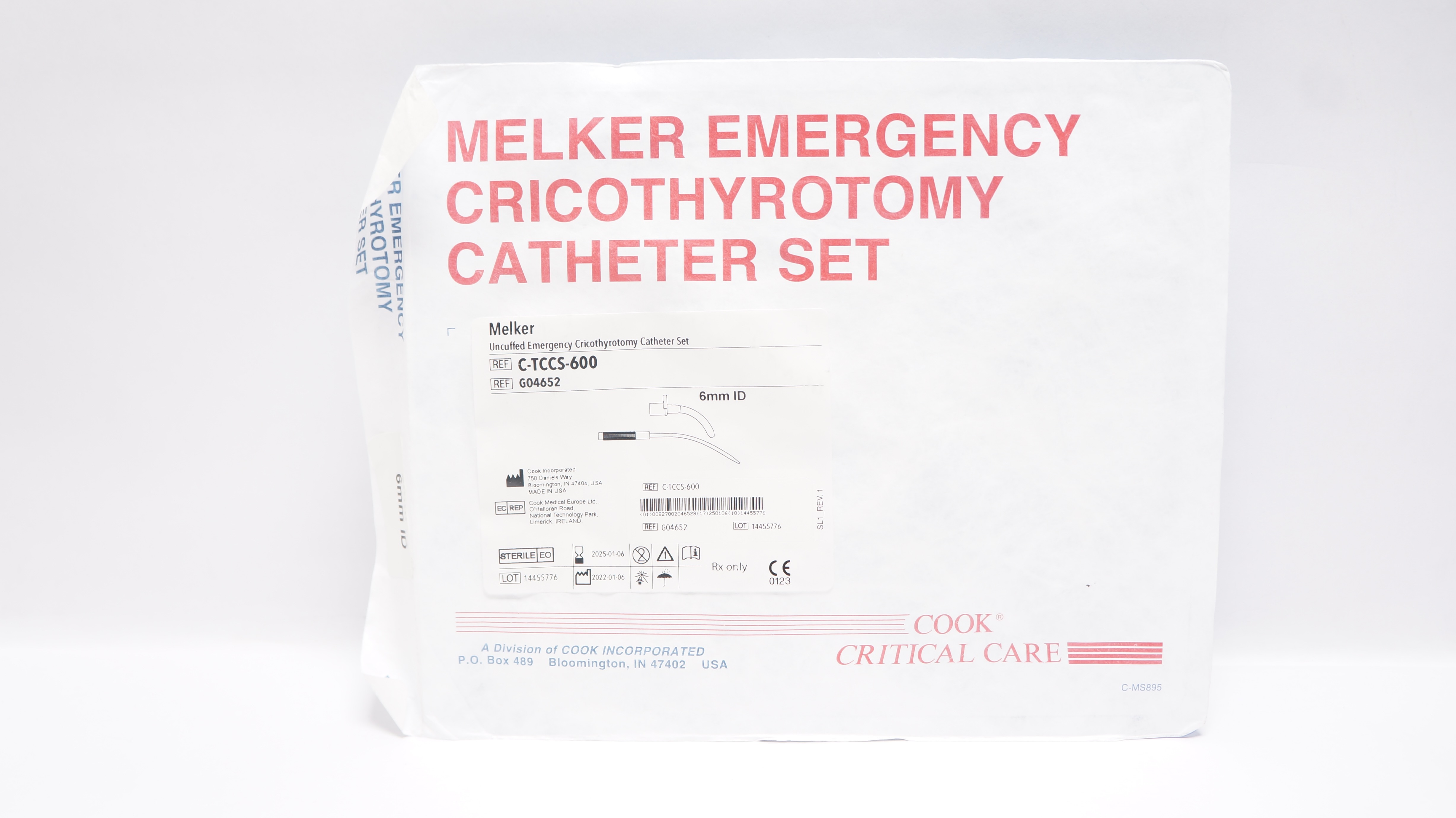 Cook Medical G04652 Melker Emergency Cricothyrotomy Cath. Set 6mm ID