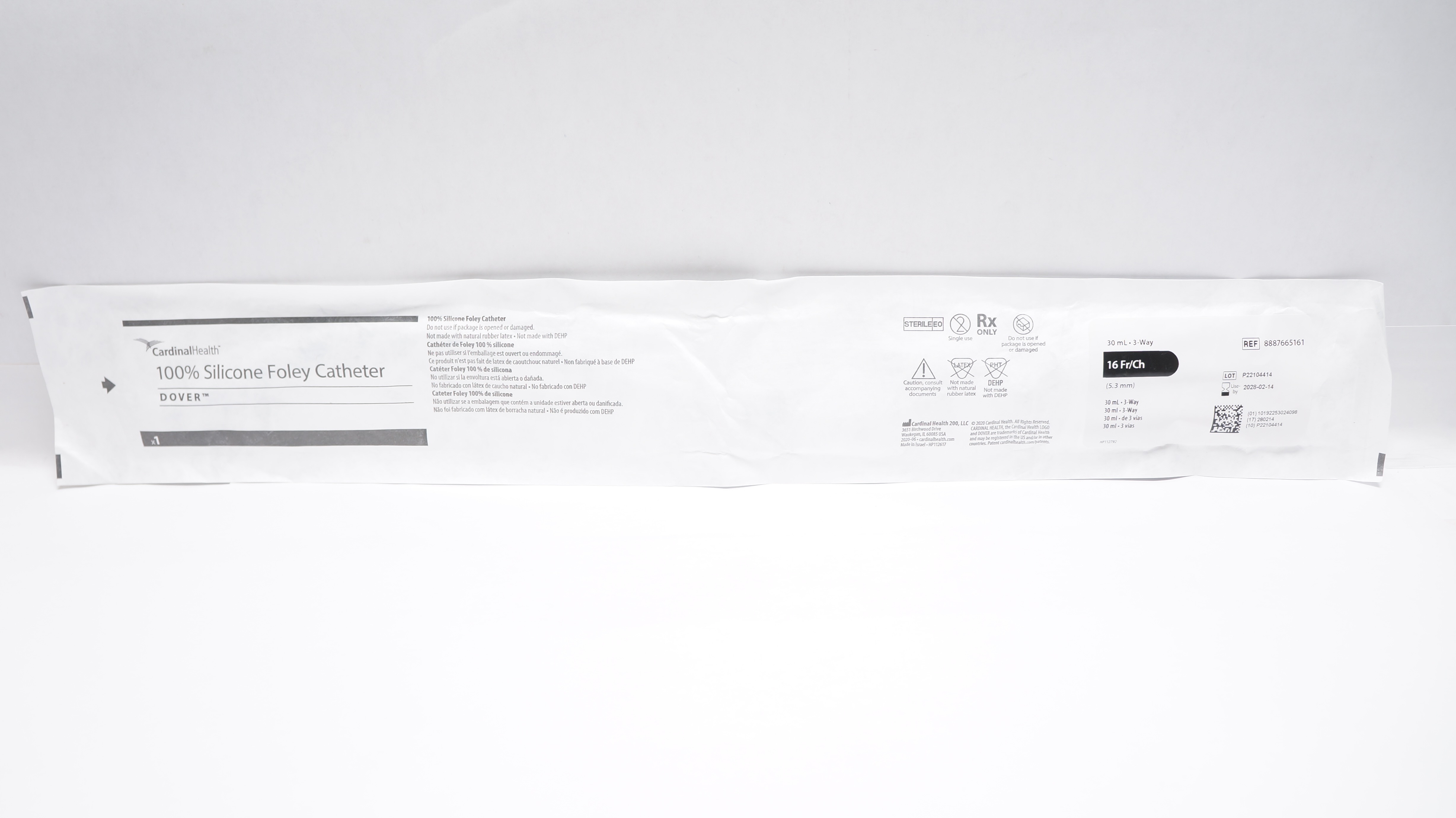 Cardinal Health 8887665161 100% Silicone Foley Cath. Dover 16Fr/Ch, 30mL-3Way