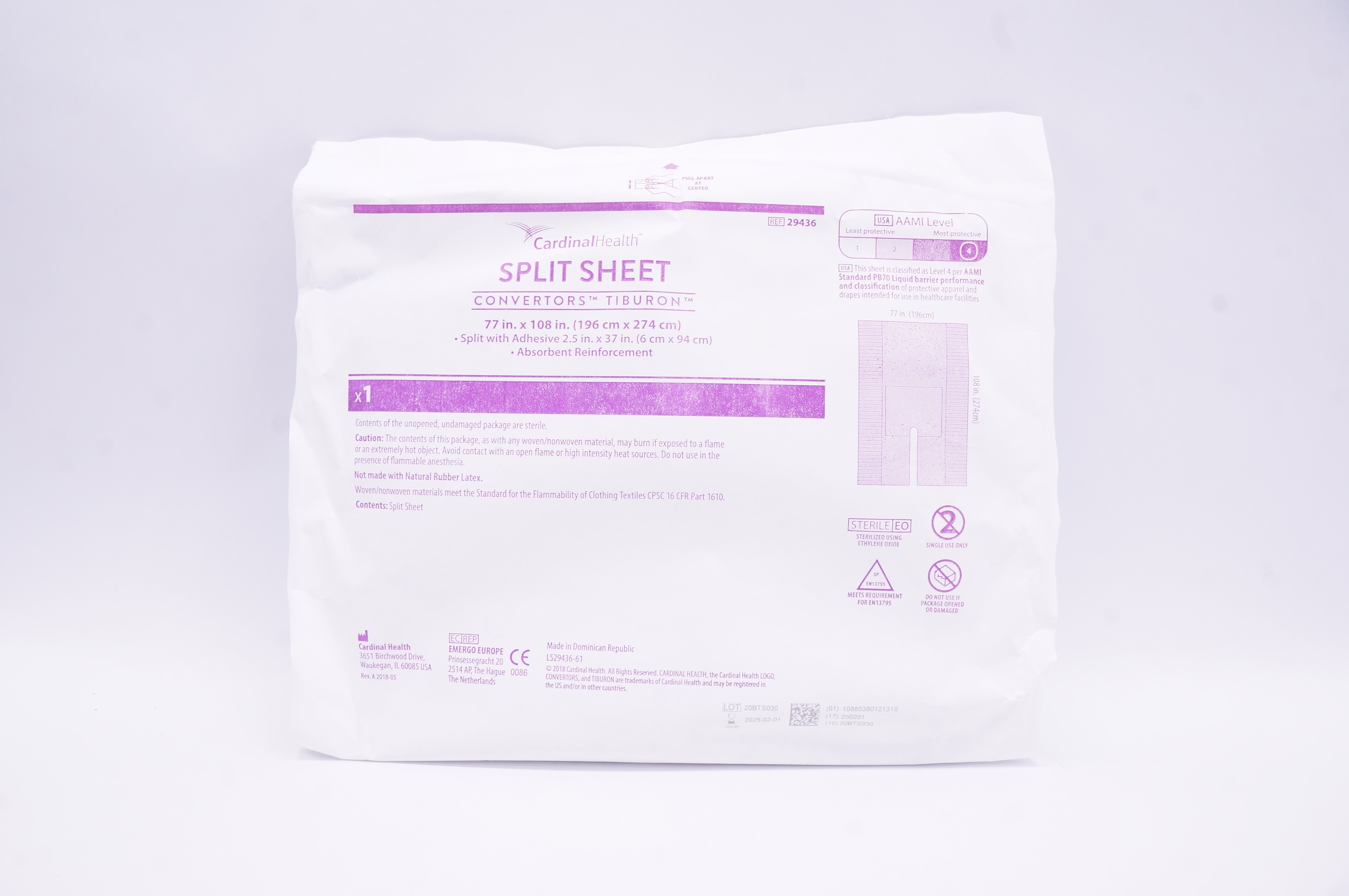 Cardinal Health 29436 Convertors Split Sheet AAMI Level 4, 77 x 108in