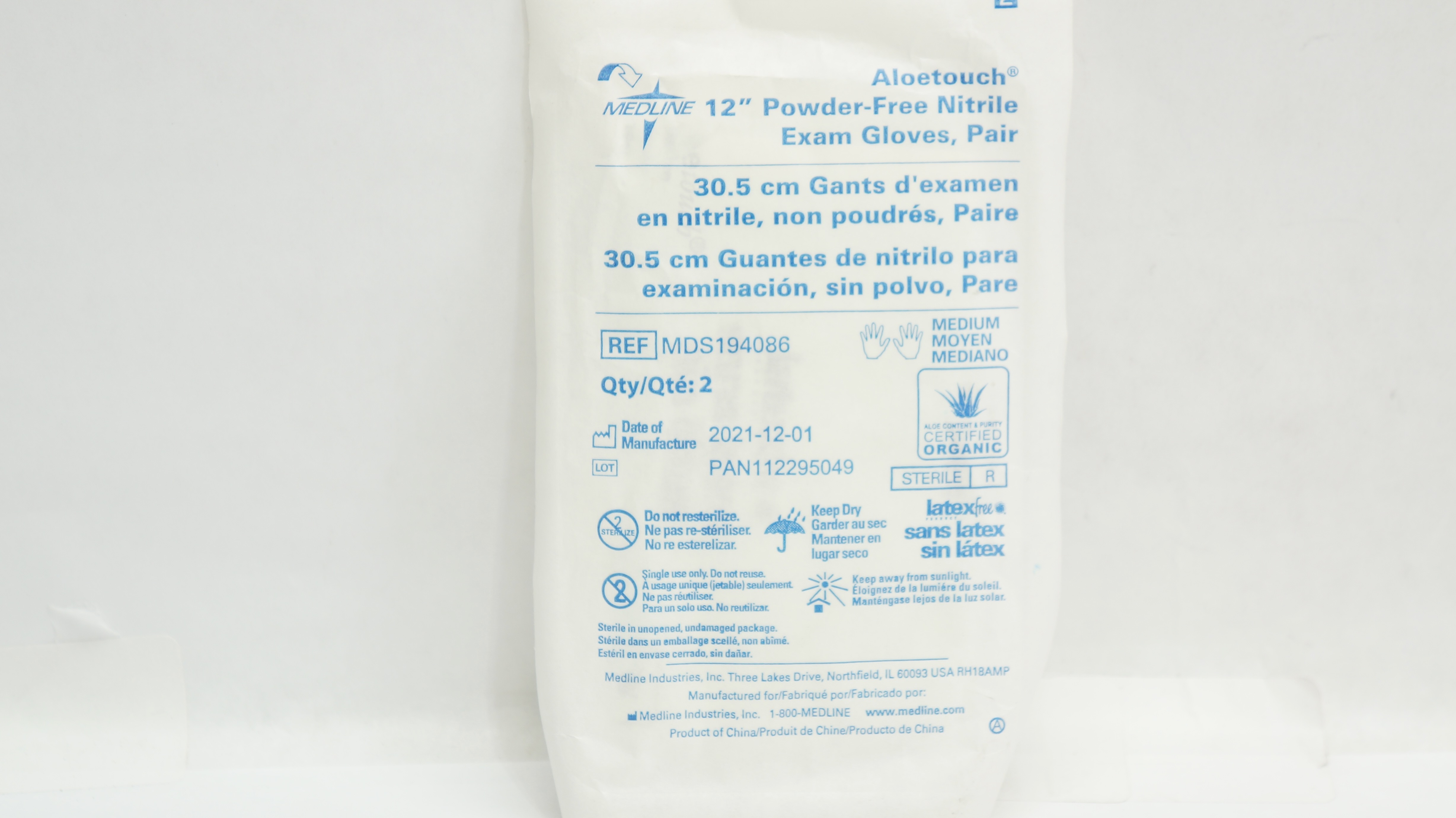 Medline MDS194086 Aloetouch Powder-Free Nitrile Exam Gloves, Medium 12inch