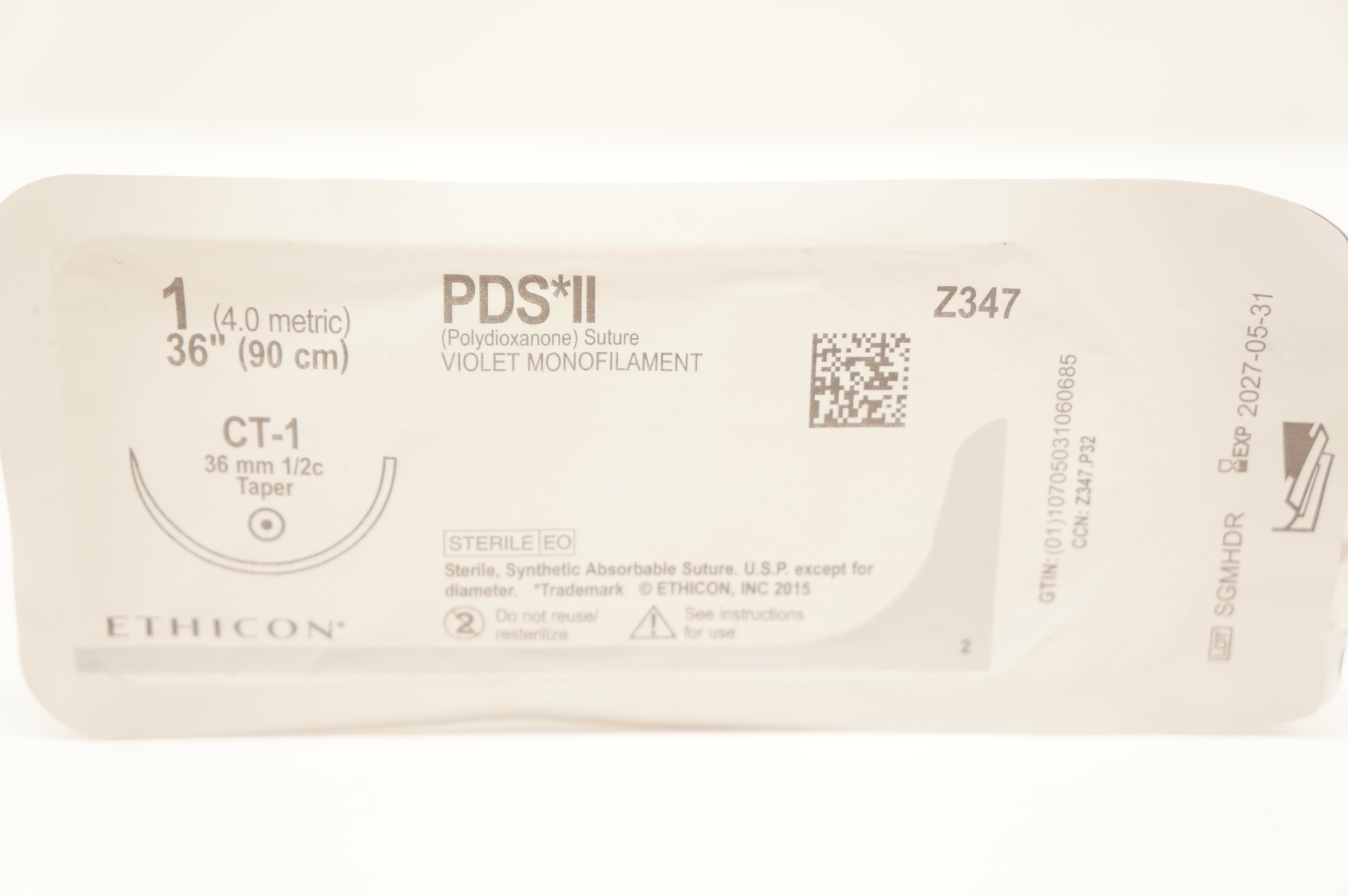 Ethicon Z347 1 PDS II Polydioxanone Stre CT-1, 36mm 1/2c Taper, 36inch