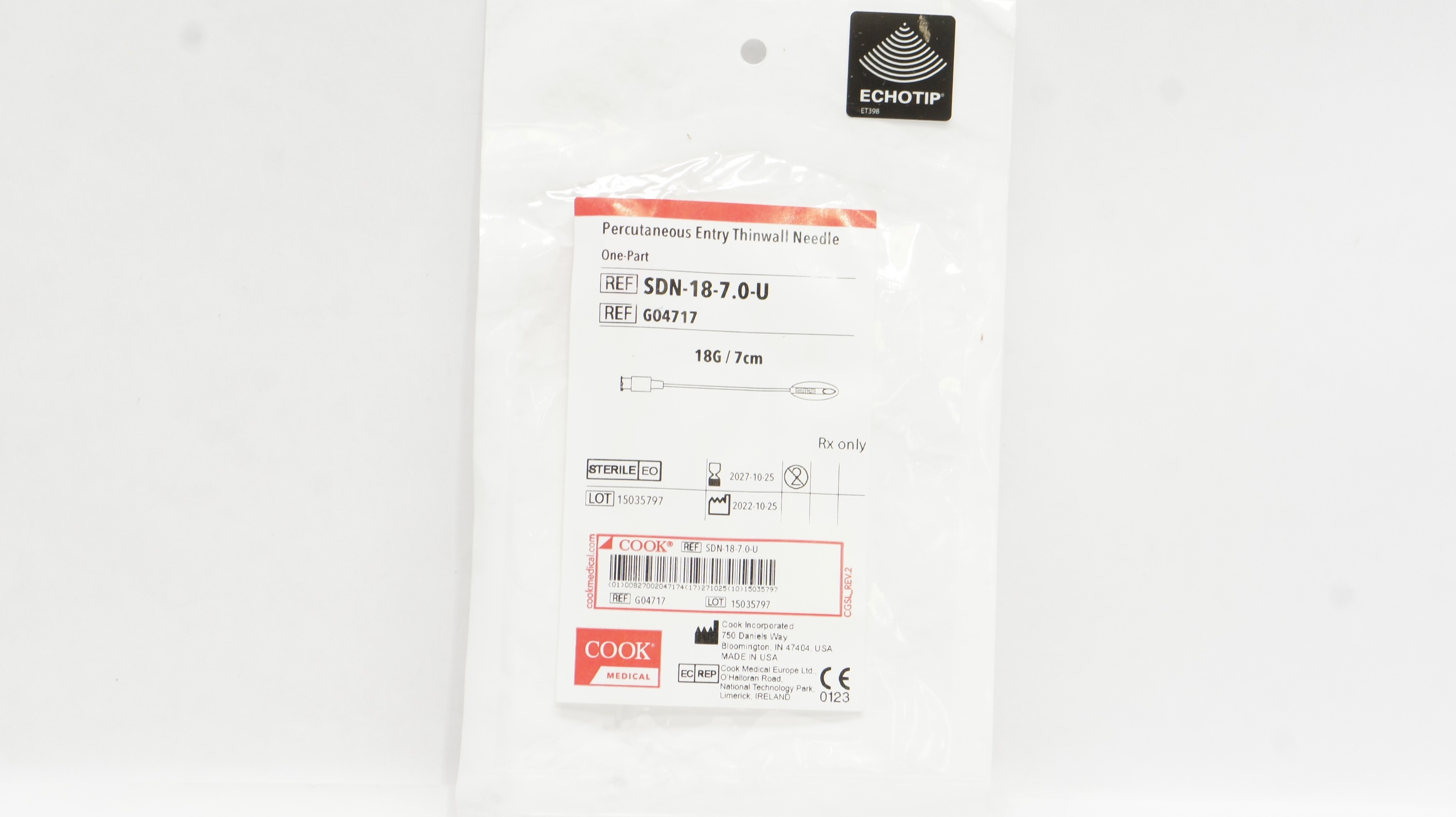 Cook Medical G04717 Percutaneous Entry Thinwall Ndle. 18G x 7cm