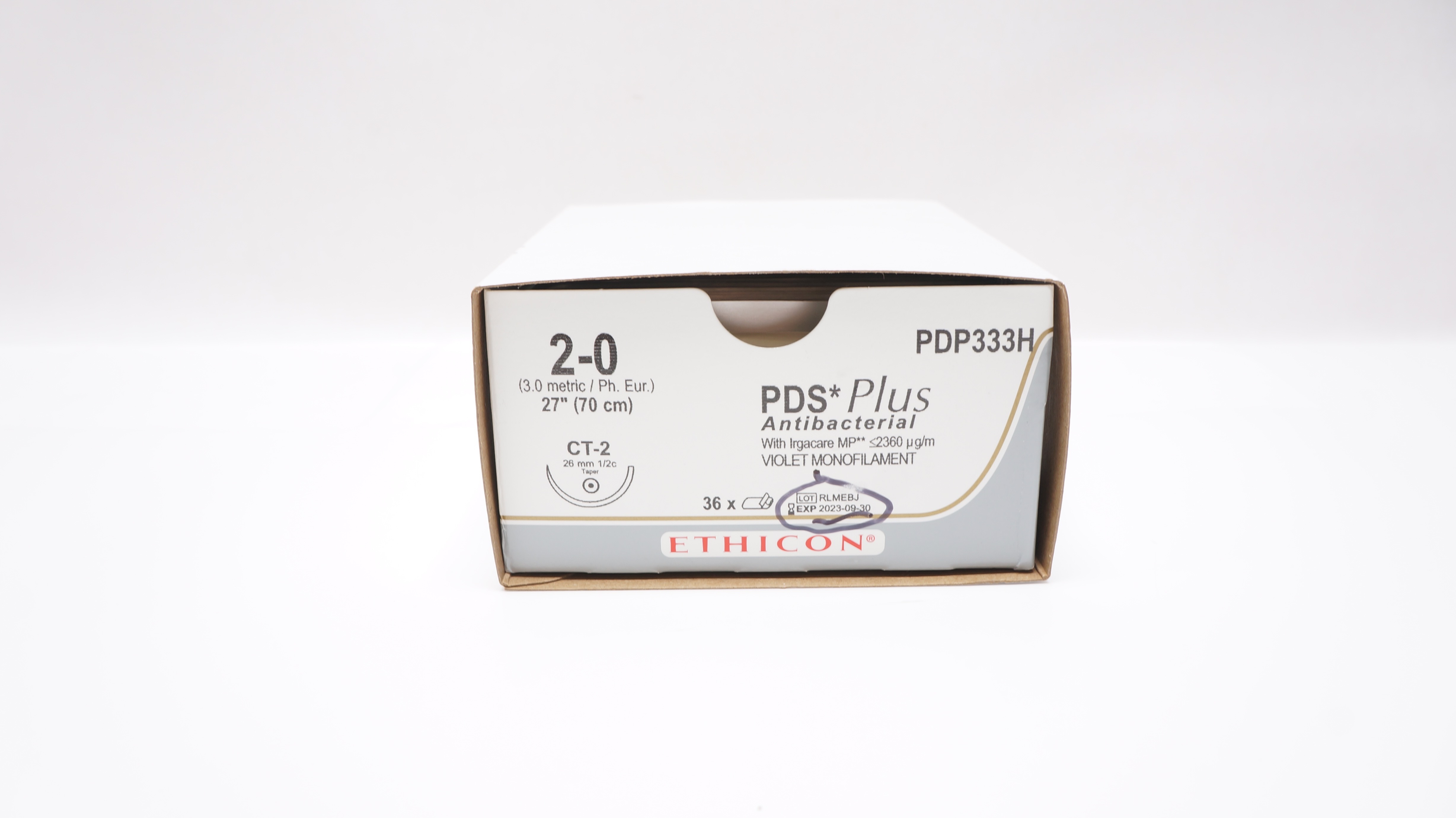 Ethicon PDP333H 2-0 PDS Plus CT-2 26mm 1/2c, Taper 27inch (x) - Box of 36