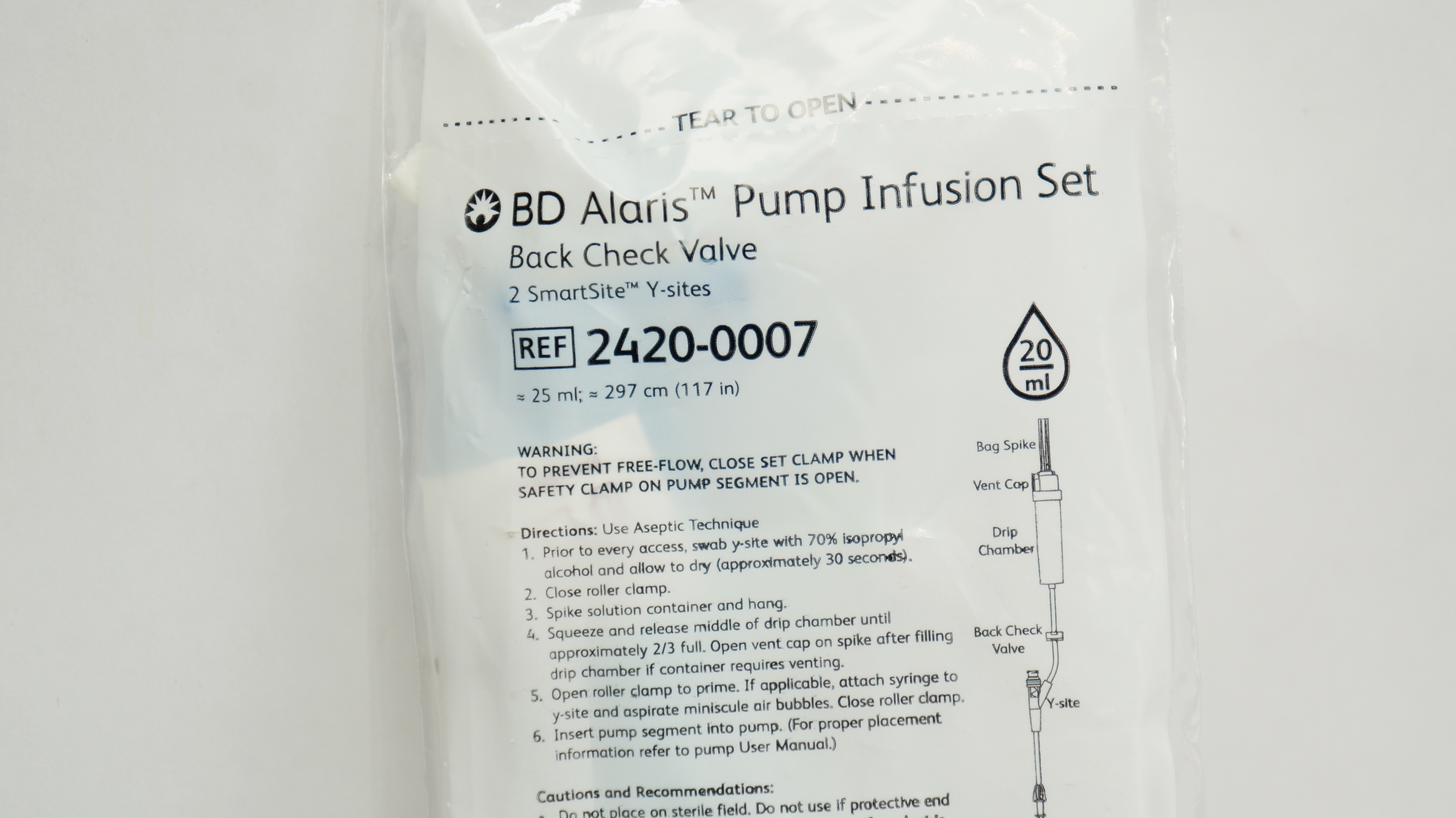 BD 2420-0007 Alaris Pump Infusion Set Back Check Valve 117inch x 25ml 20Drops/ml
