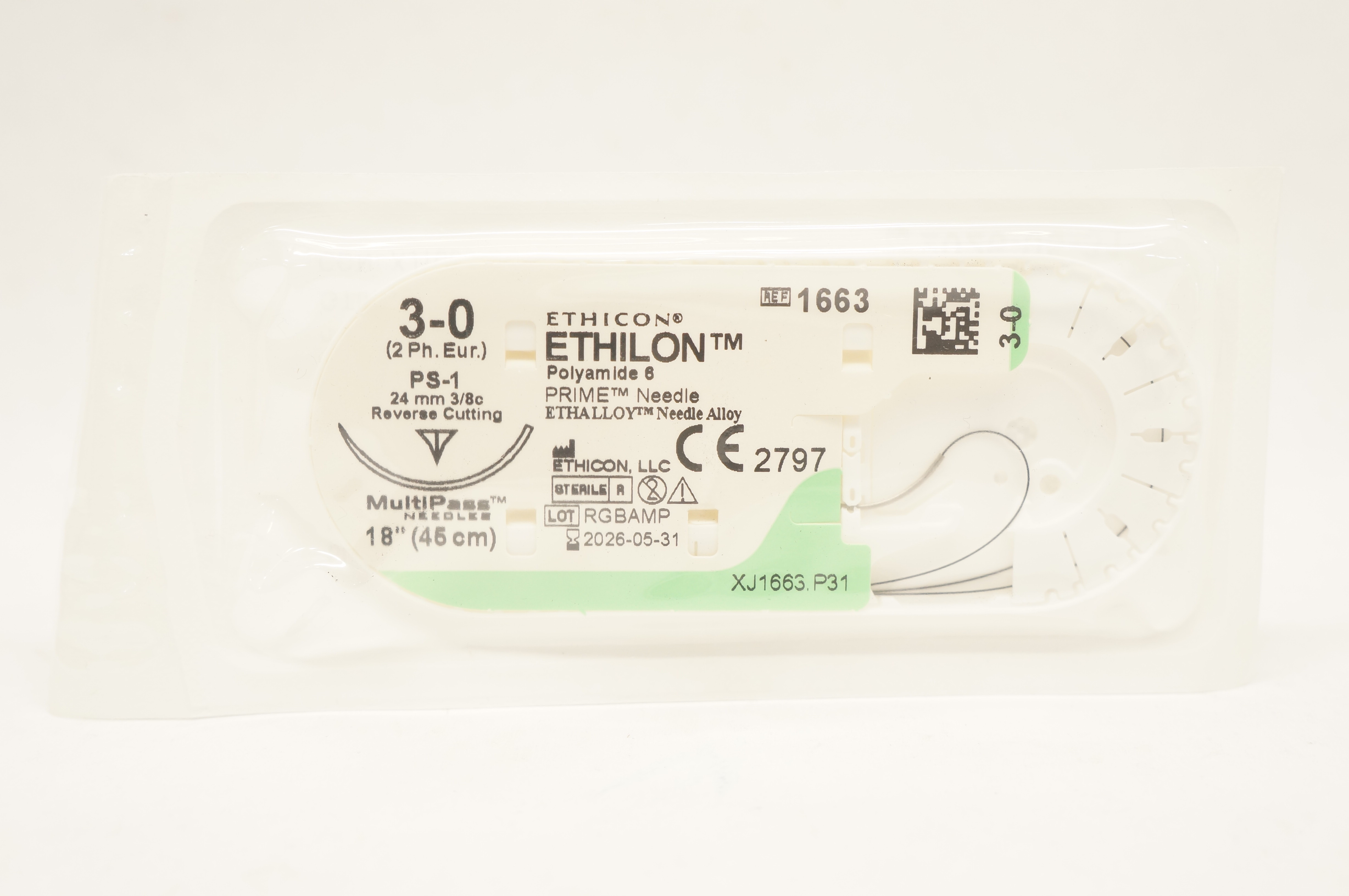Ethicon 1663 3-0 ETHILON, PS-1, 24mm 3/8c Reverse Cutting, 18inch