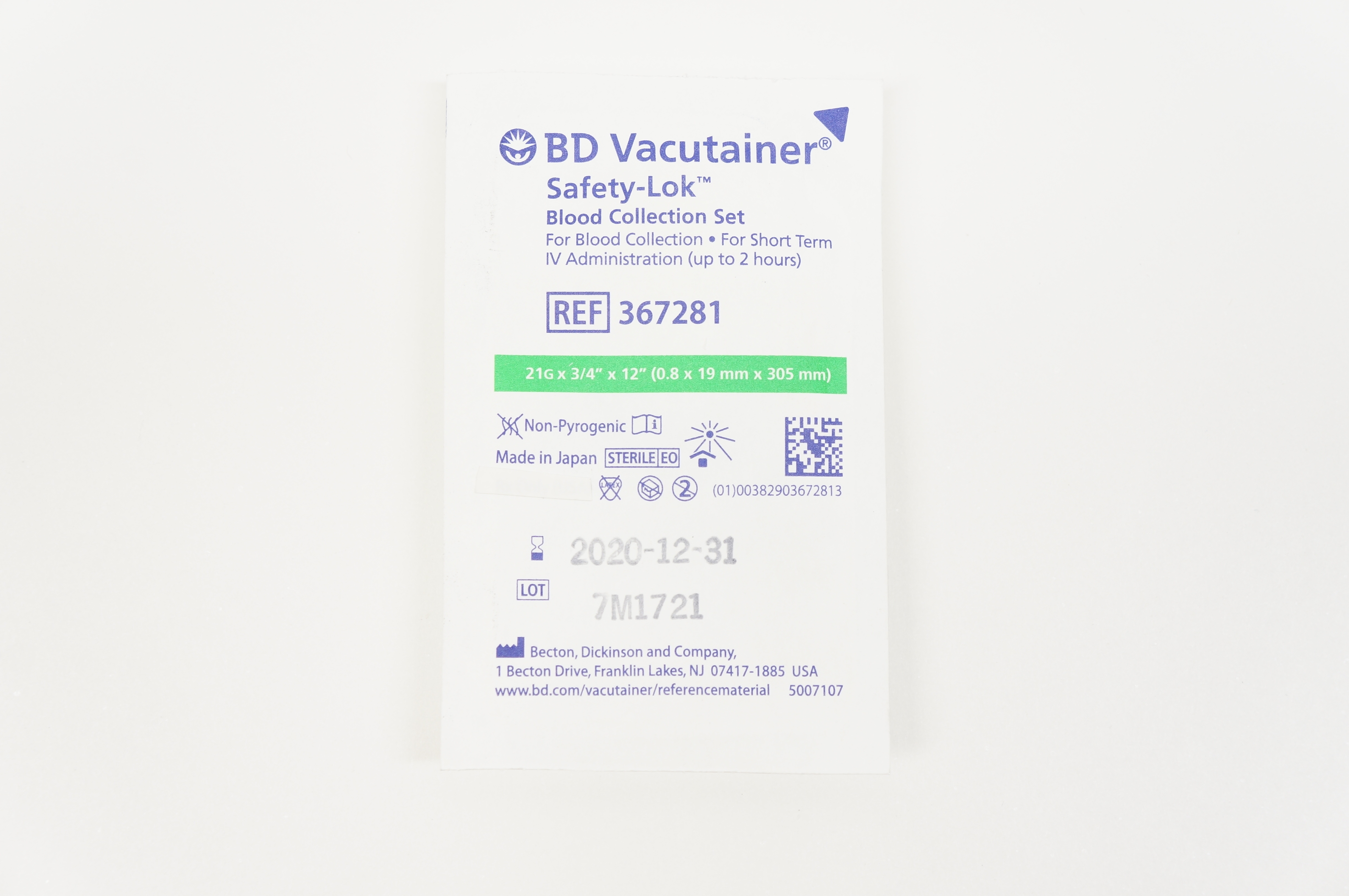 BD 367281 Vacutainer Safety-Lok Blood Collection Set 21G x 3/4inch x 12inch