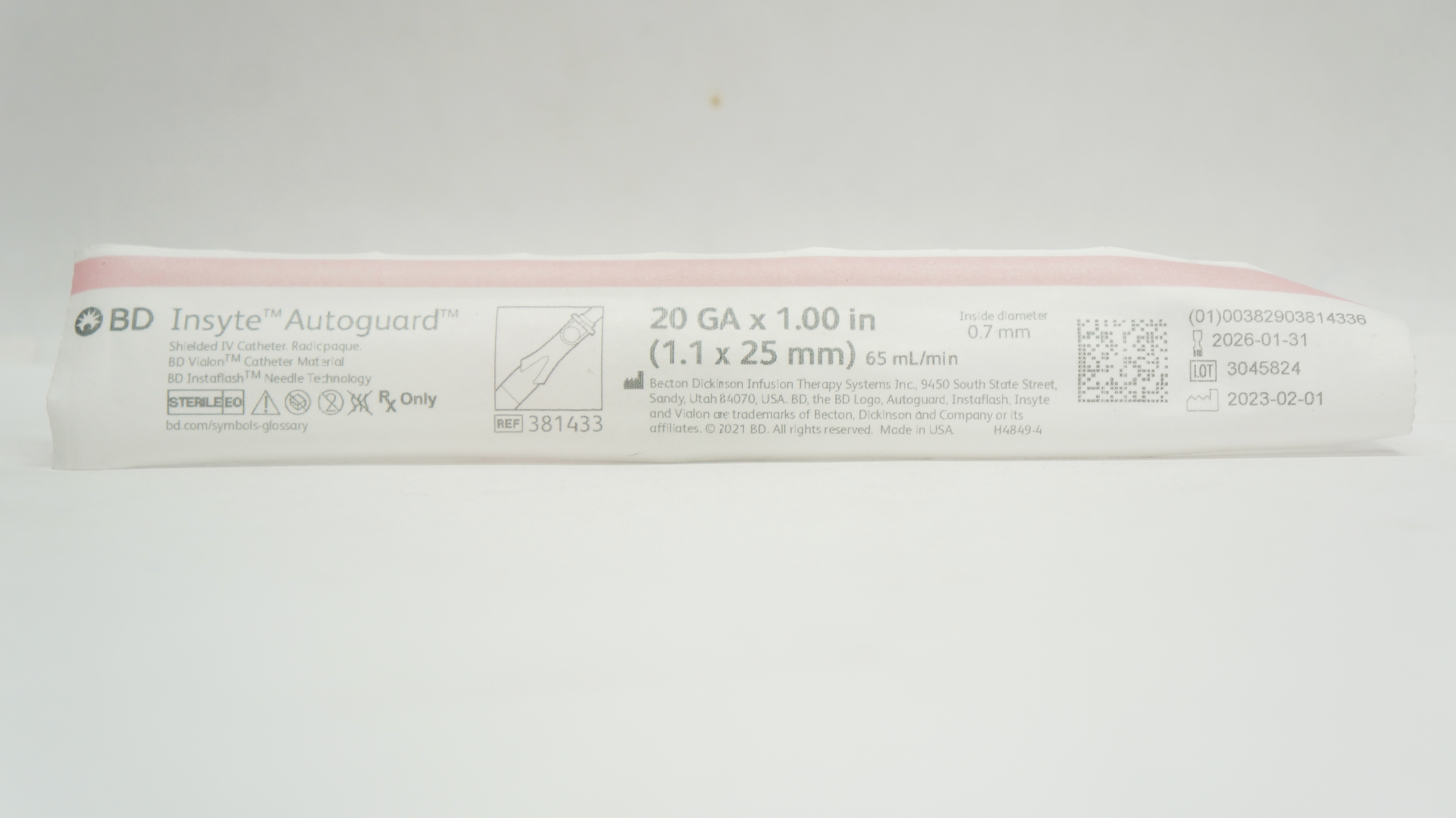 BD 381433 Insyte Autoguard Shielded IV Cath. 20Ga x 1inch, 65ml/min
