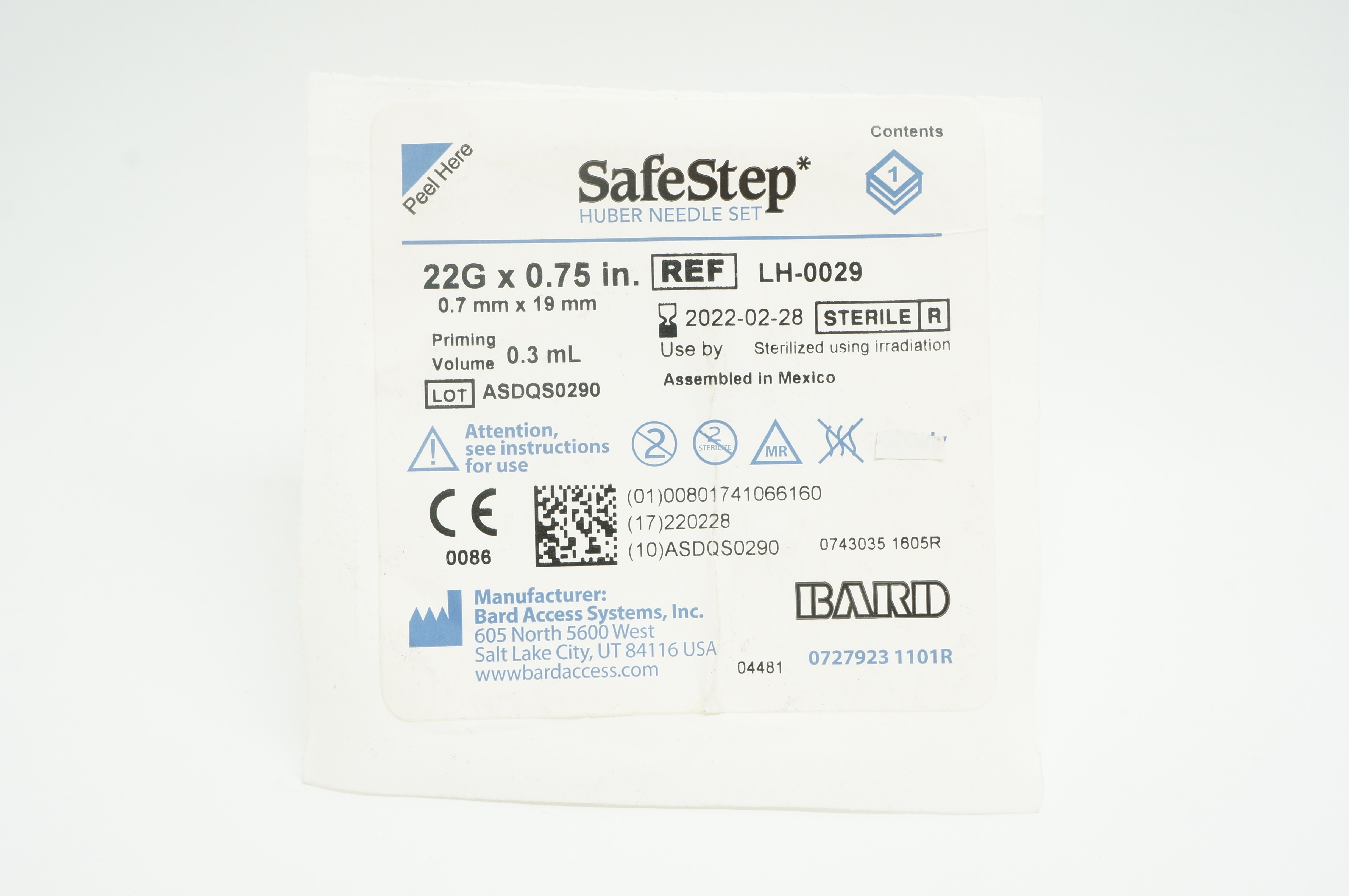 Bard LH-0029 SafeStep 22G x 0.75inch, 0.7ml x 19mm, Priming Volume 0.3mL