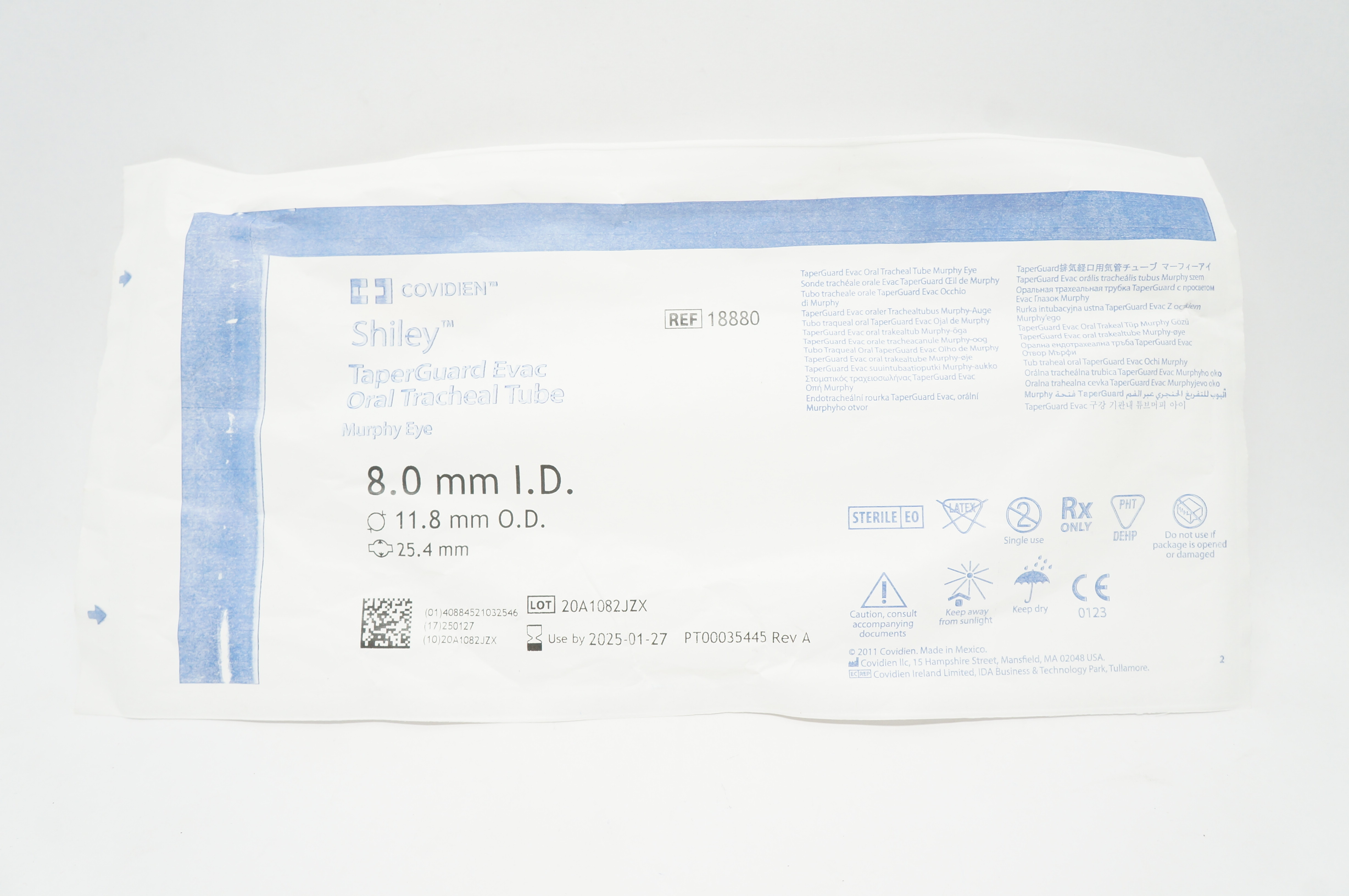 Covidien 18880 Shiley TaperGuard Evac Oral Tracheal Tube 8.0 ID x 11.8mm OD