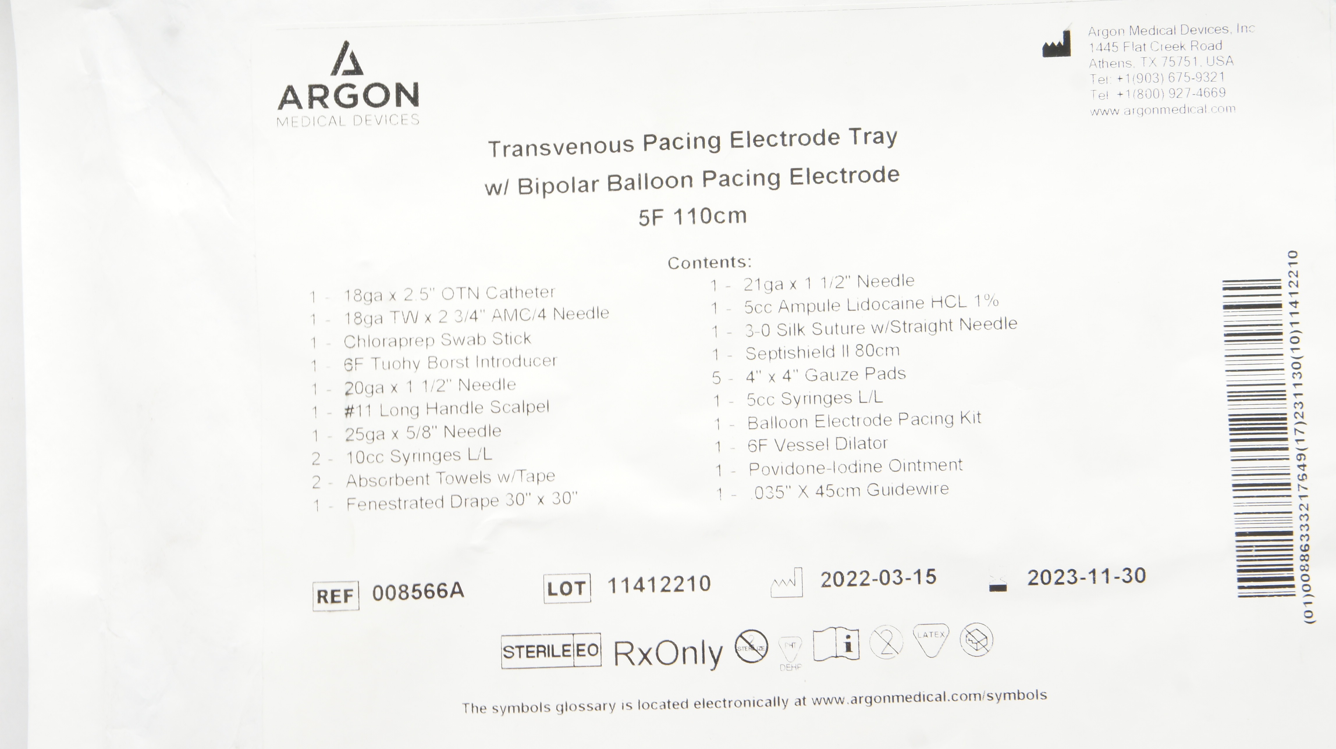 Argon 008566A Transvenous Pacing Electrode Tray w/Pacing Electrode 5F x 110cm(x)