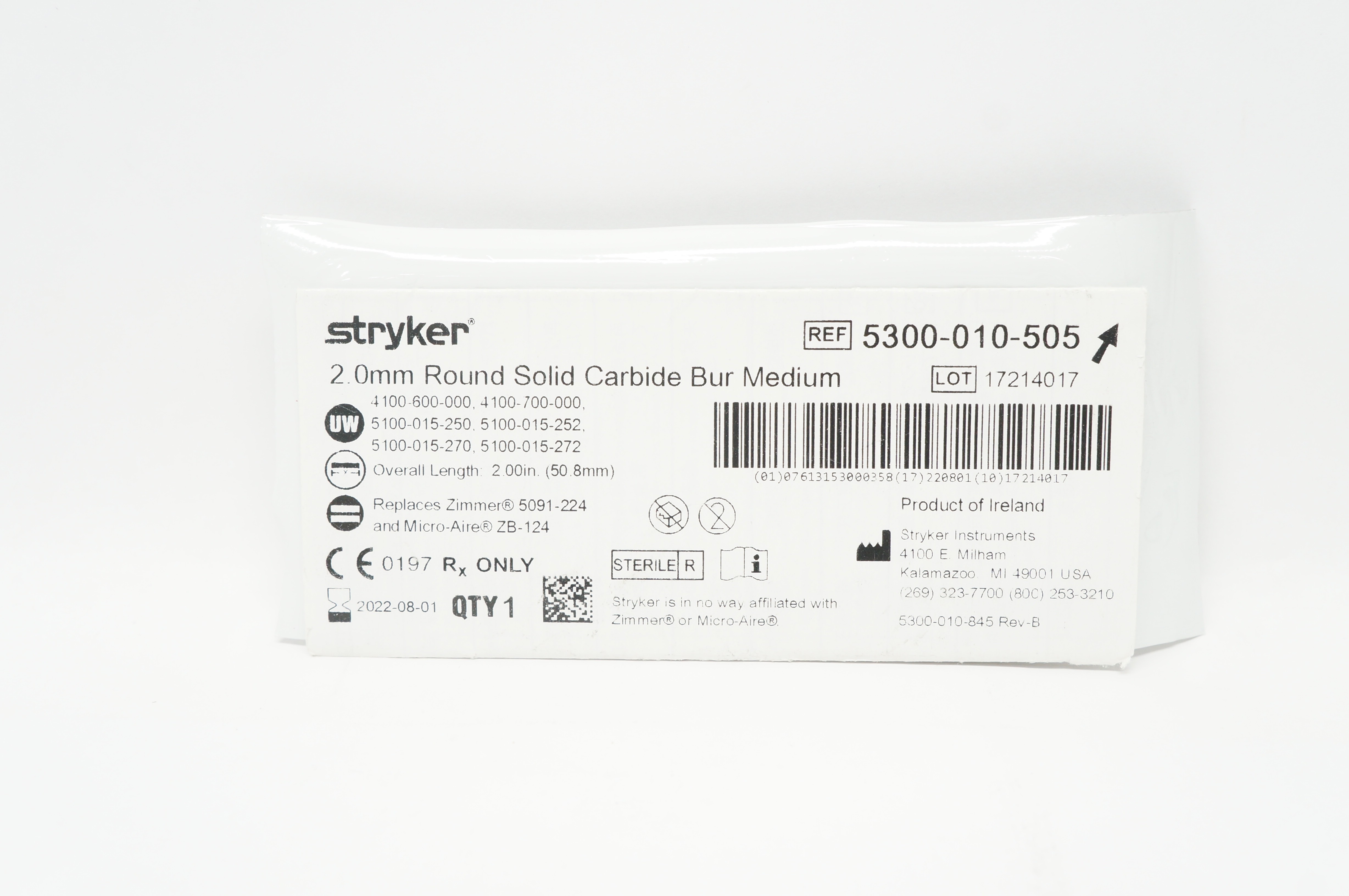 Stryker 5300-010-505 2.0mm Round Solid Carbide Bur Medium
