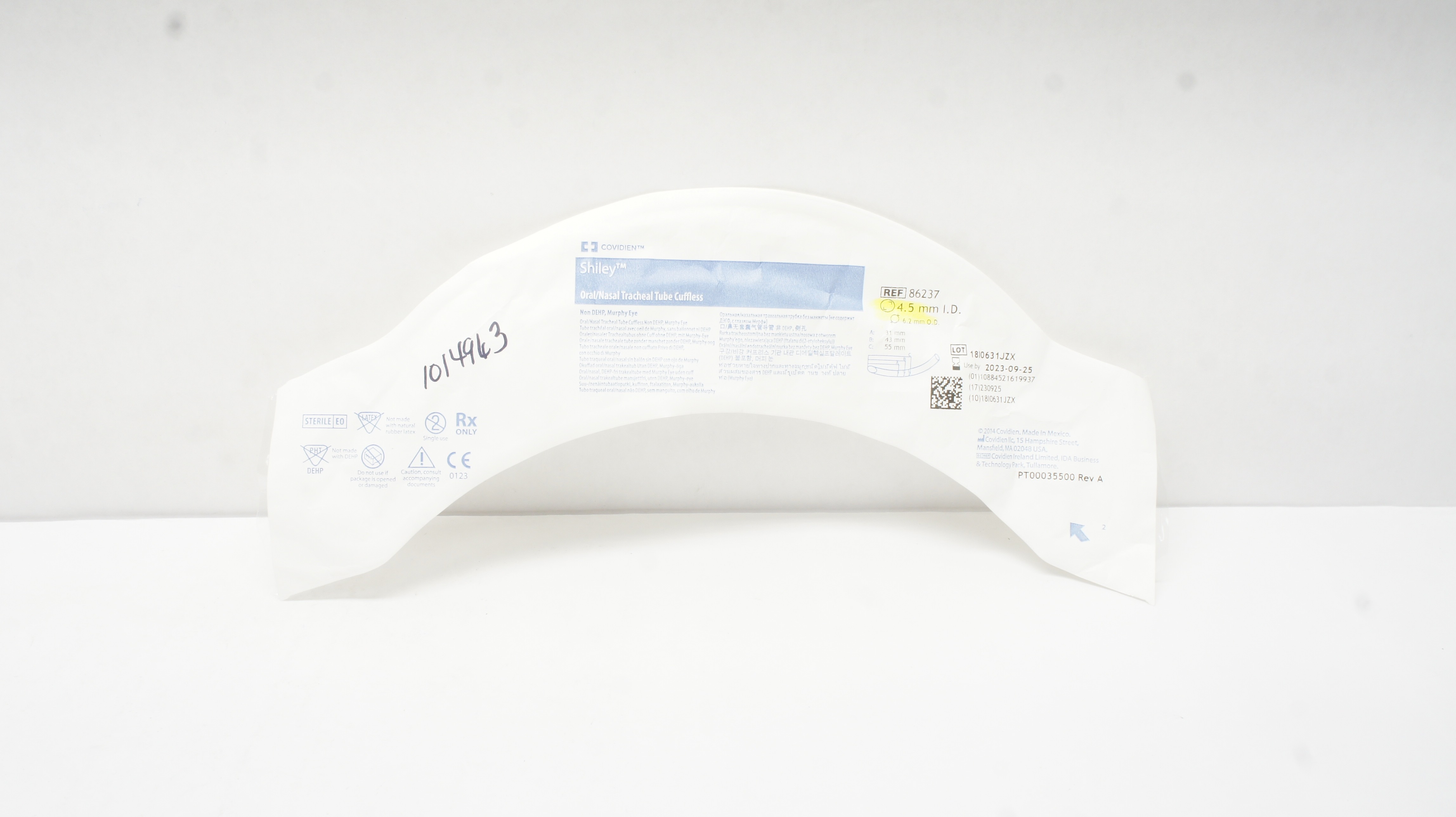 Covidien 86237 Shiley Oral/Nasal Tracheal Tube Cuffless 4.5 ID x 6.2mm OD (x)