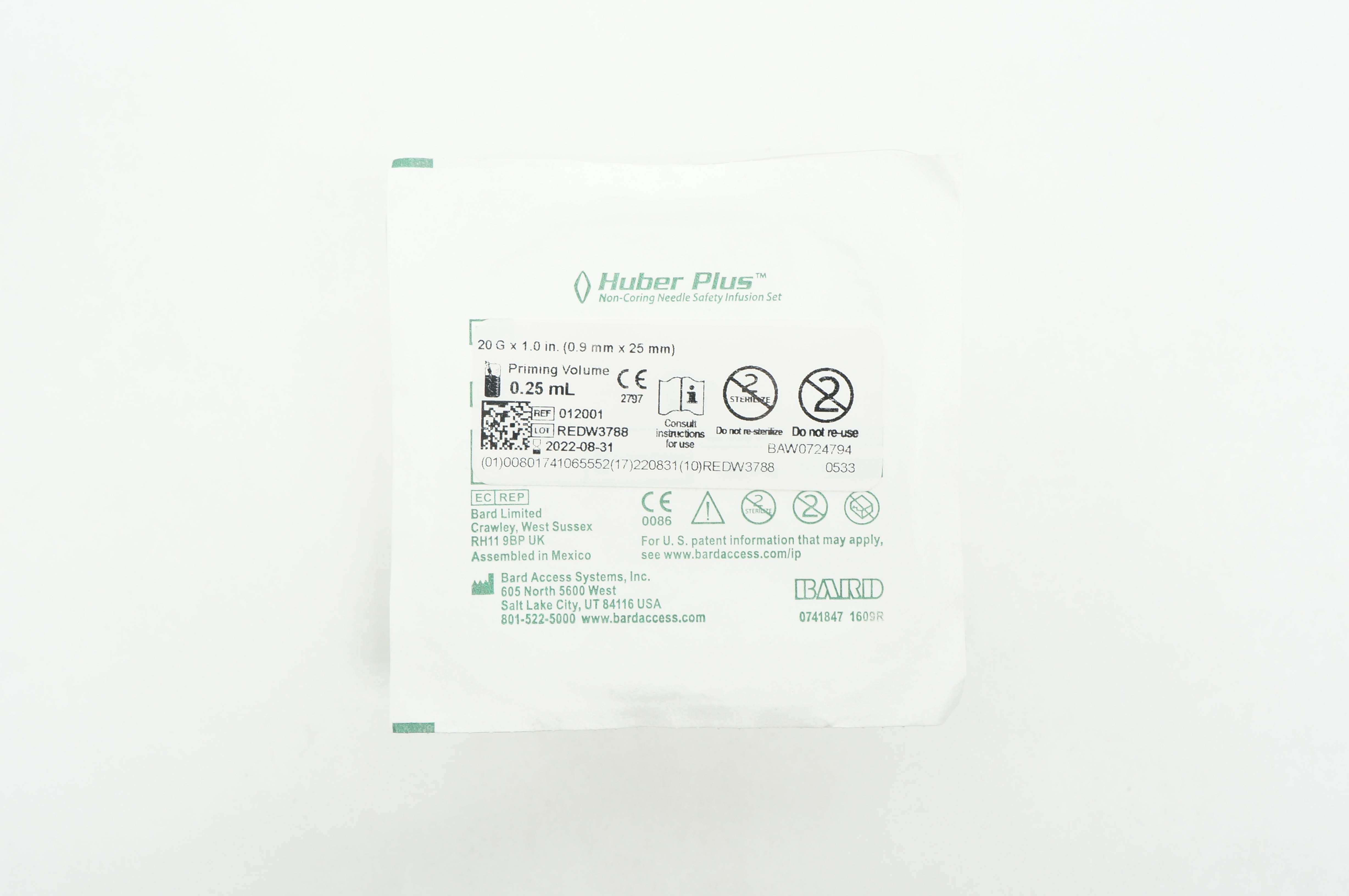 Bard 012001 Huber Plus Non-Coring Ndle Safety Infusion Set 20G x 1.0 inch