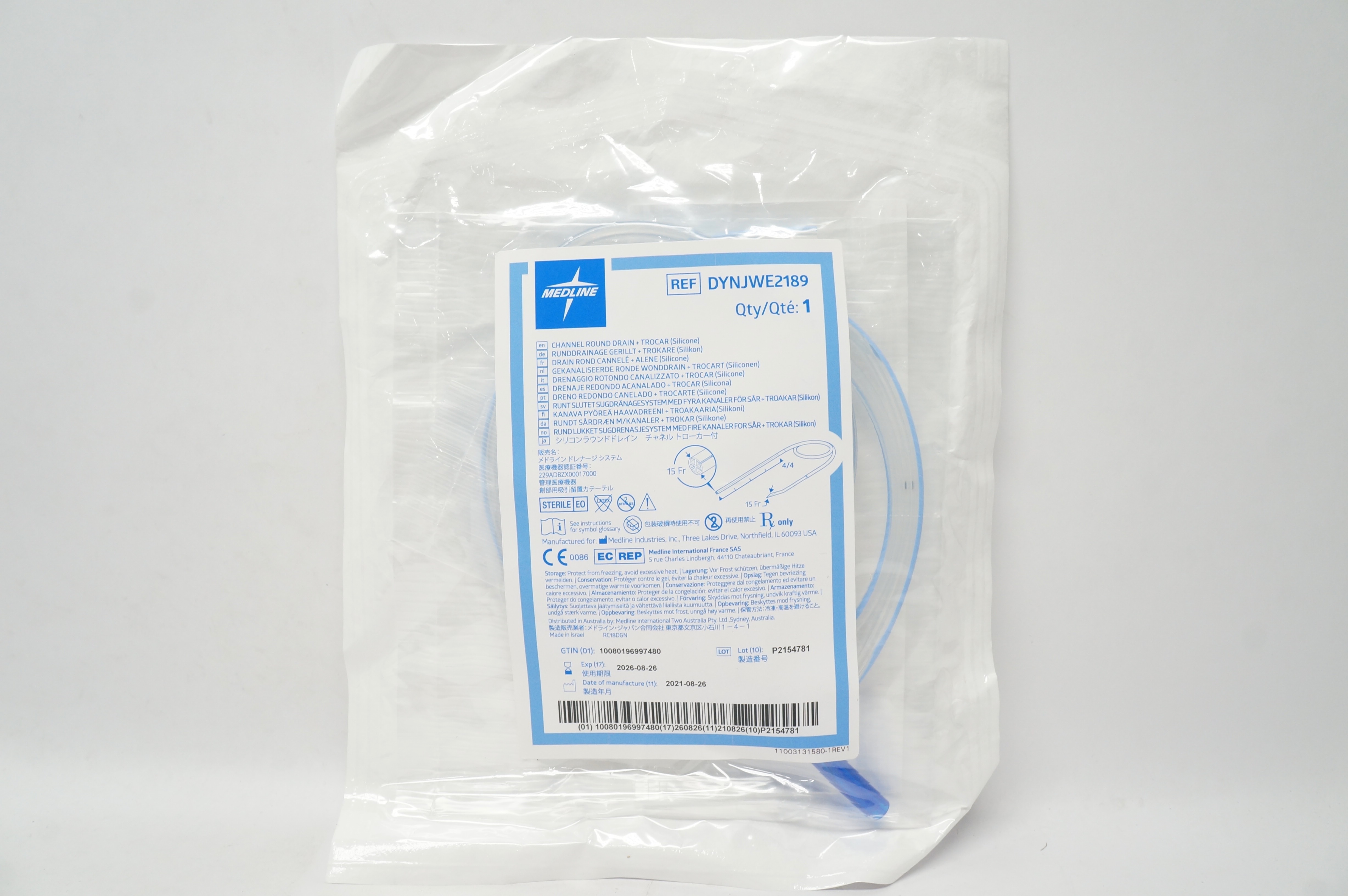 Medline DYNJWE2189 Channel Round Drain - Trocar Silicone 15Fr