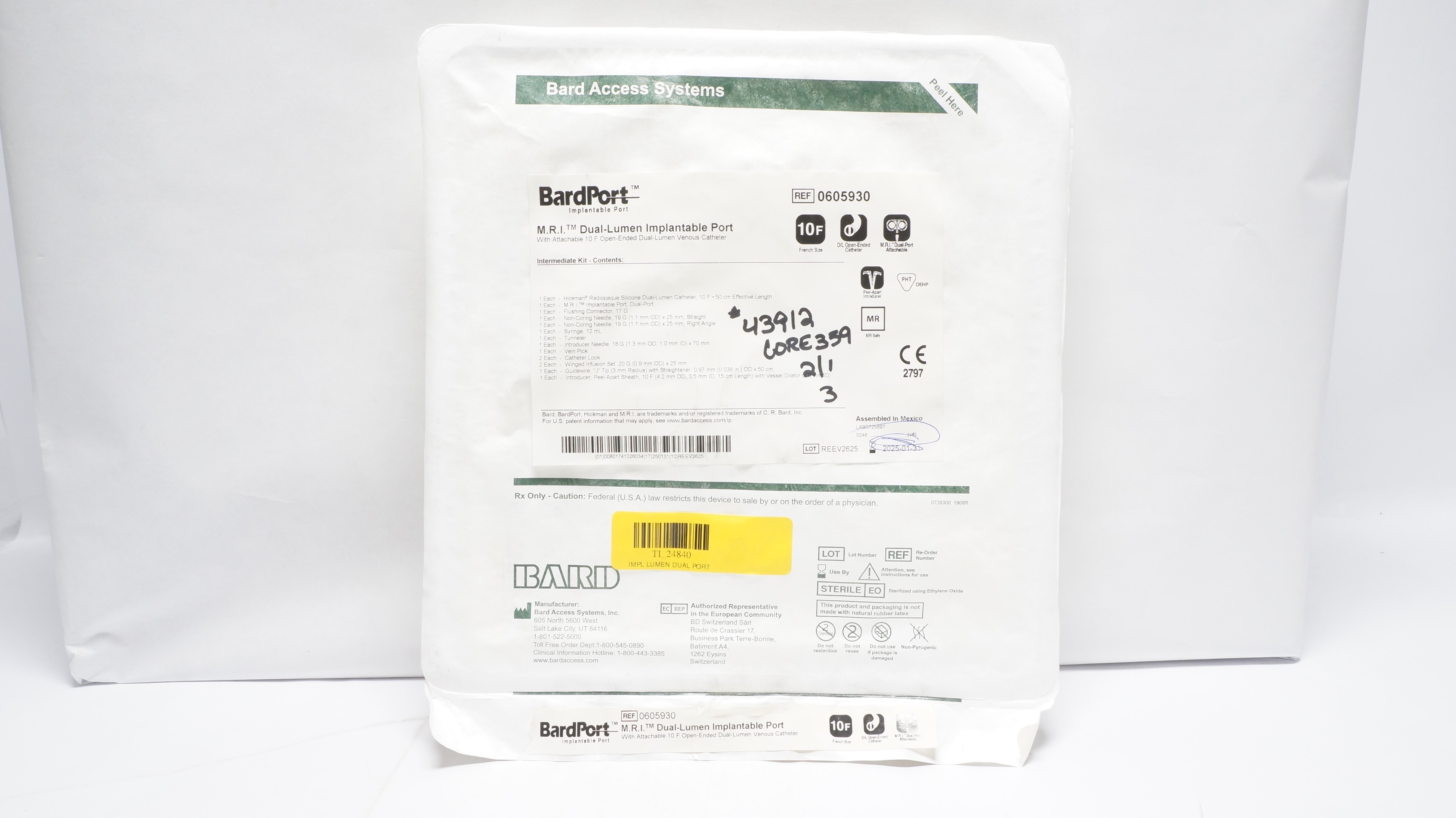 Bard 0605930 BardPort MRI Dual-Lumen Implantable Port W/10F Attachable Cath.(x)