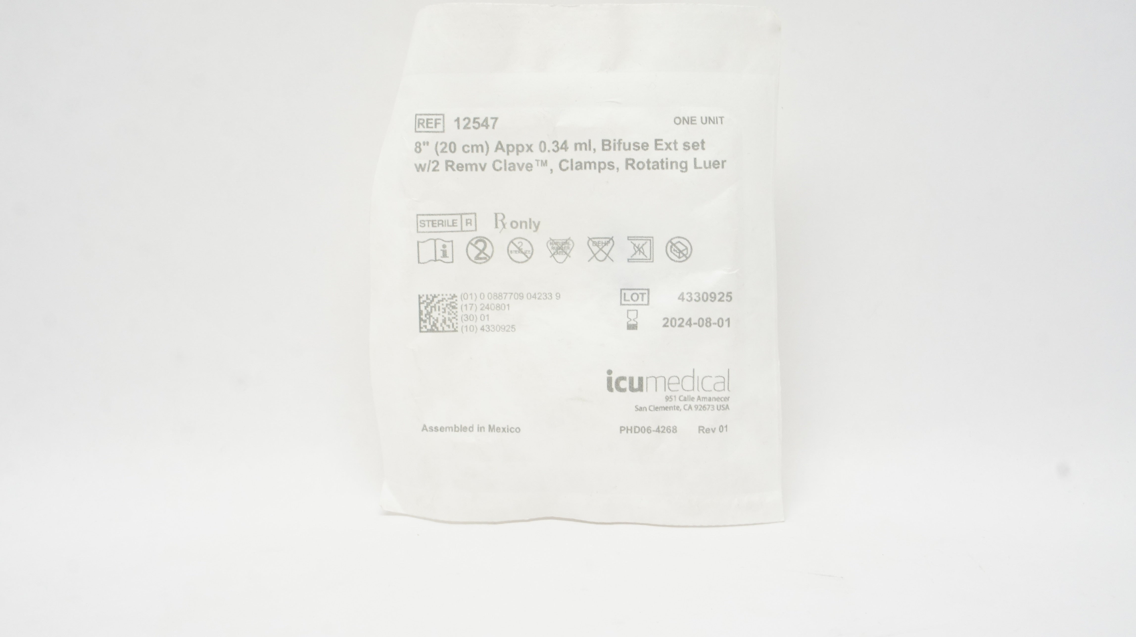 Icu Medical 12547 Bifuse Ext Set W/2 Remv Clave, Clamps, Rotating Luer 8in.