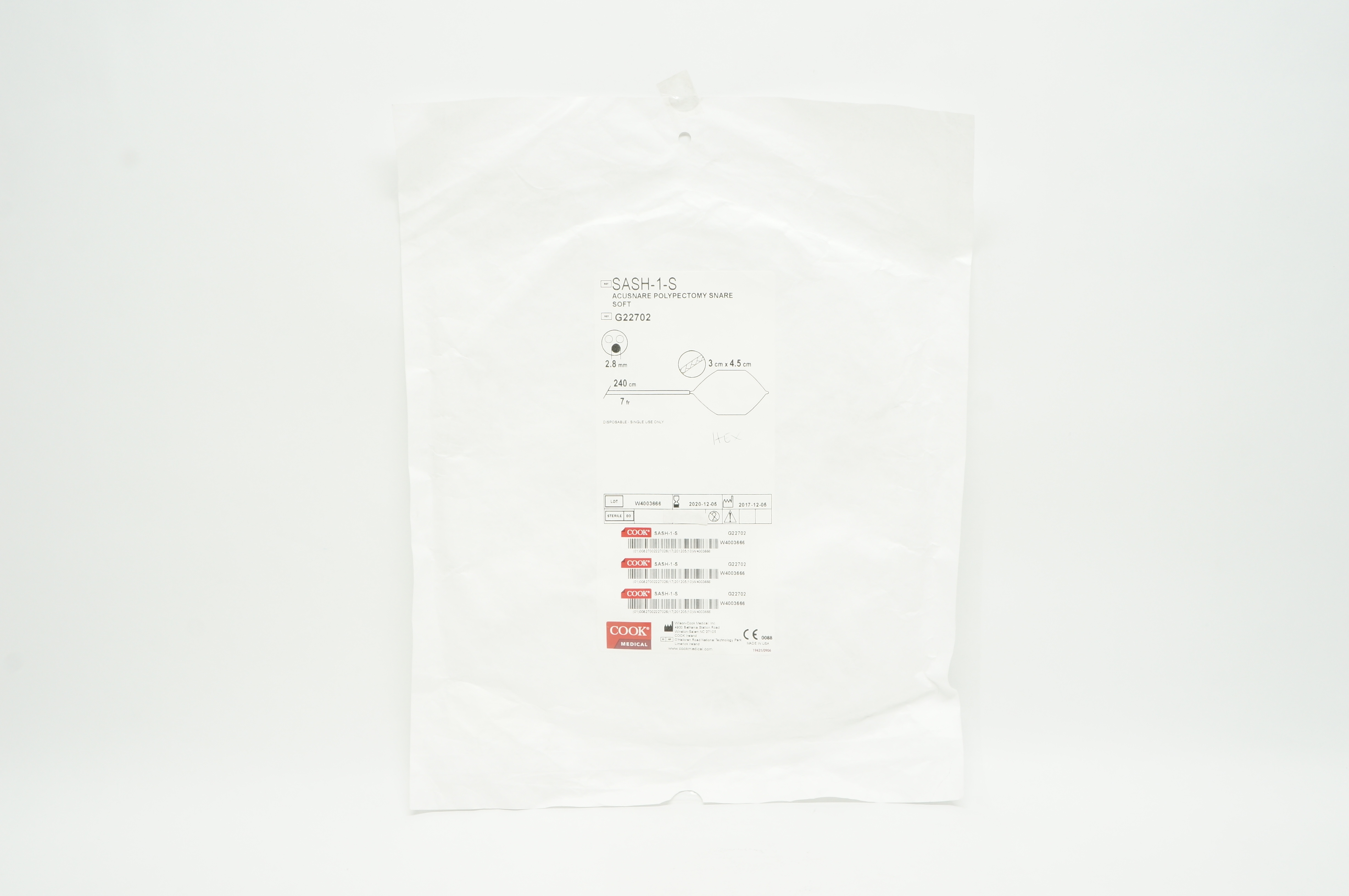 Cook Medical G22702 AcuSnare Polypectomy Snare Soft 240cm x 7Fr. x 2.8mm (x)