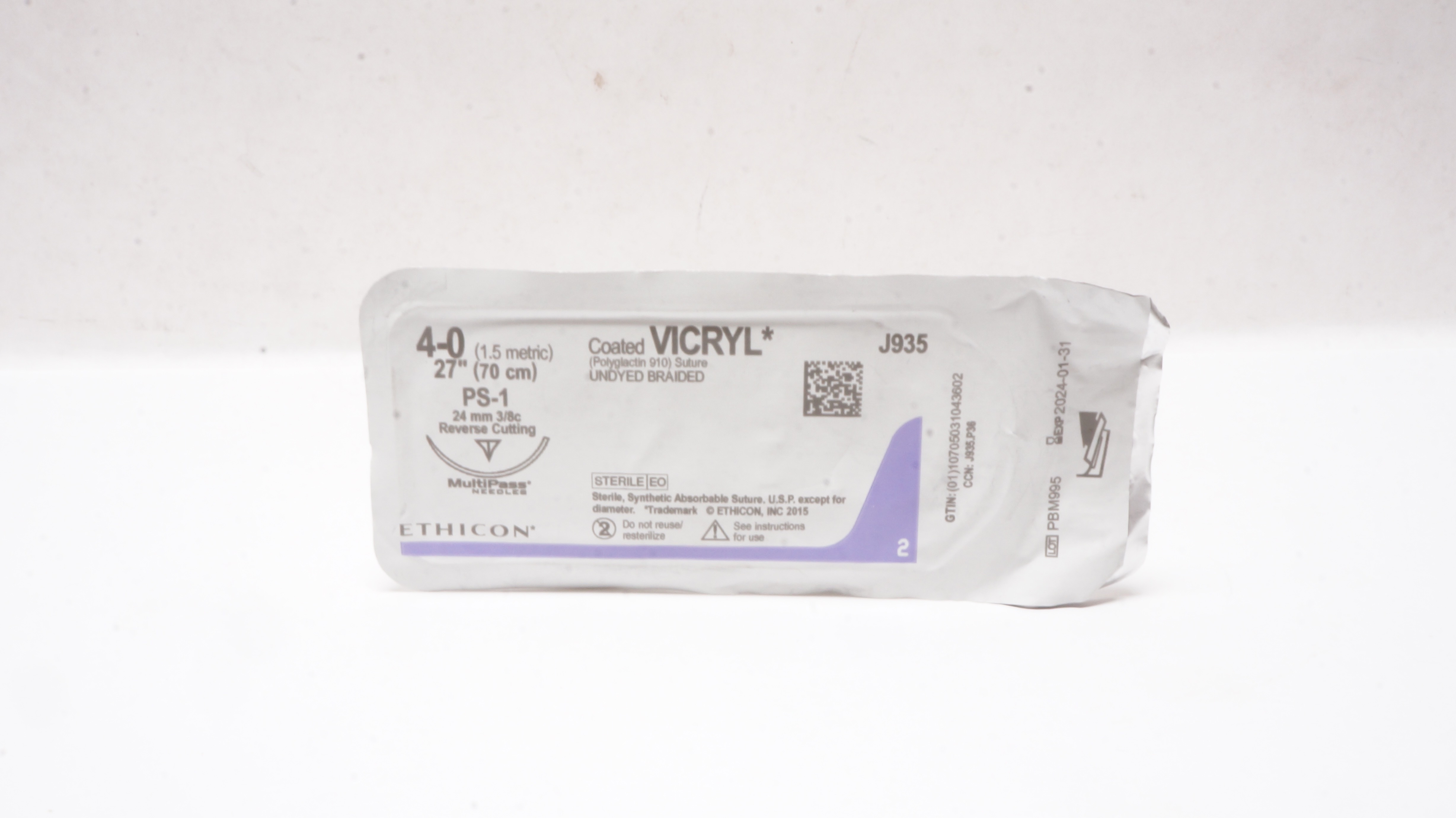 Ethicon J935 4-0 Coated VICRYL Stre PS-1 24mm 3/8c Reverse Cutting 27inch