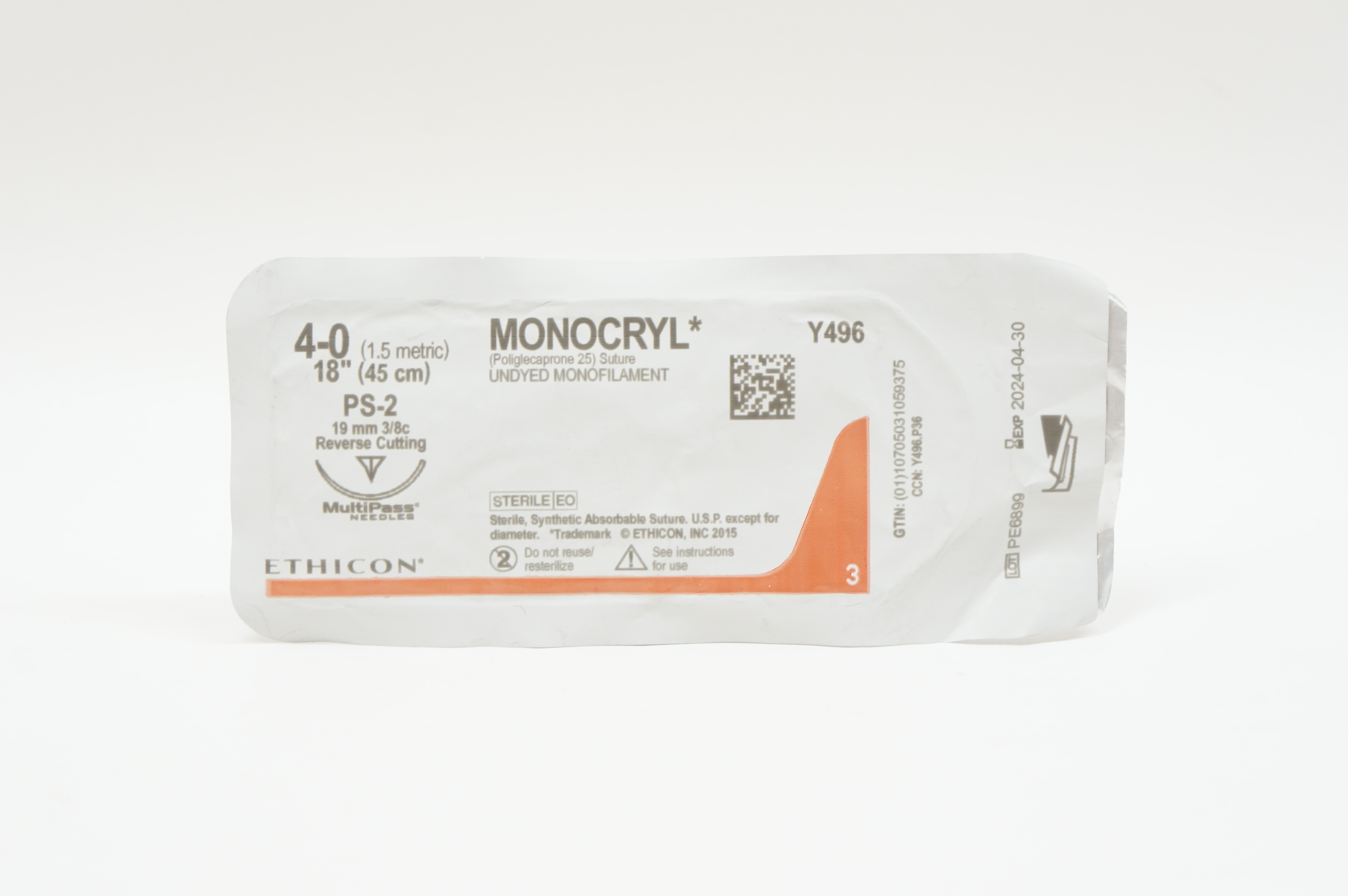 Ethicon Y496 4-0 MONOCRYL, PS-2, 19mm 3/8c Reverse Cutting, 18inch