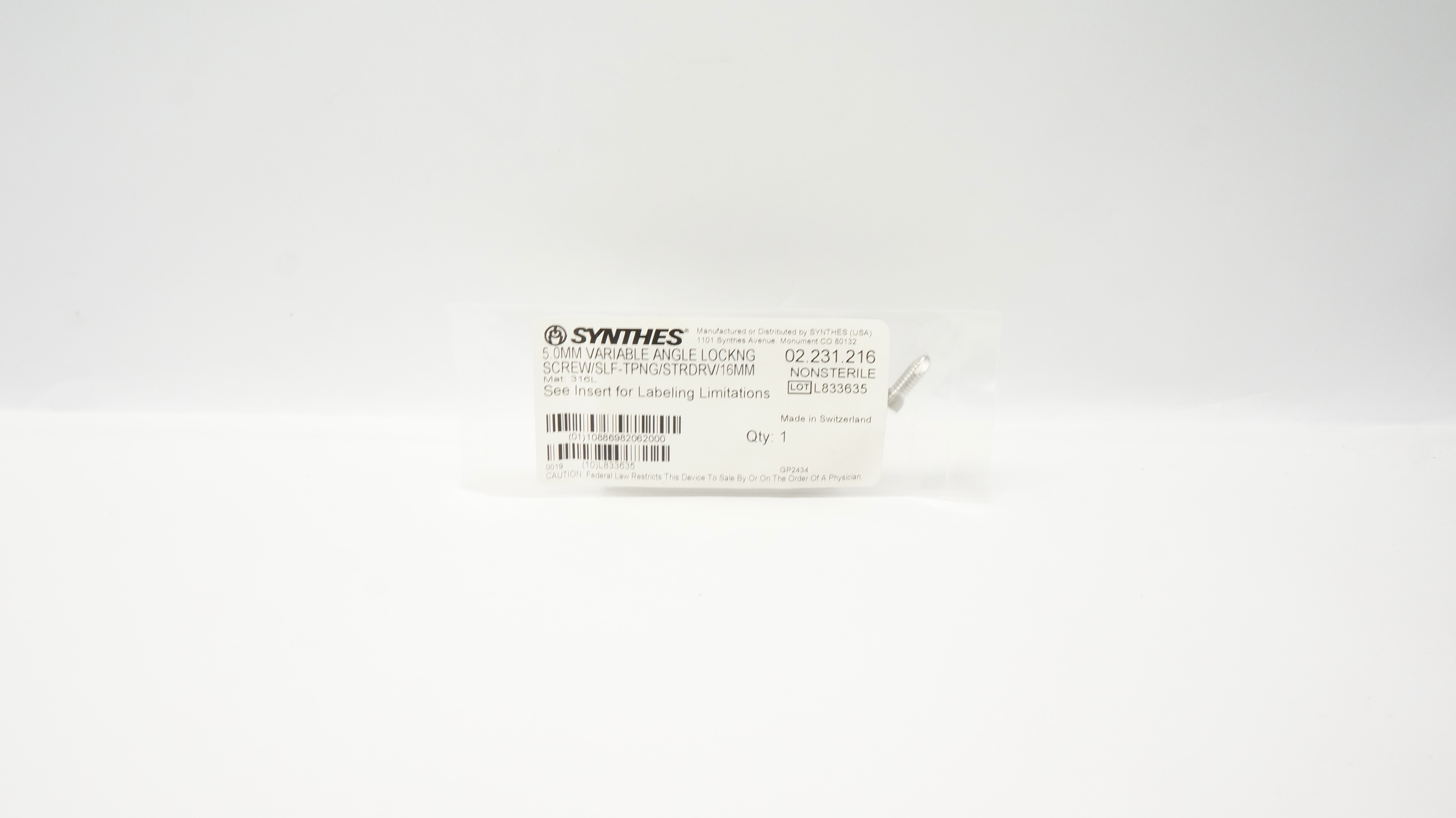 Synthes 02.231.216 Variable Angle LockNG 5.0mm Screw/SLF-TPNG/STRDRV/16mm