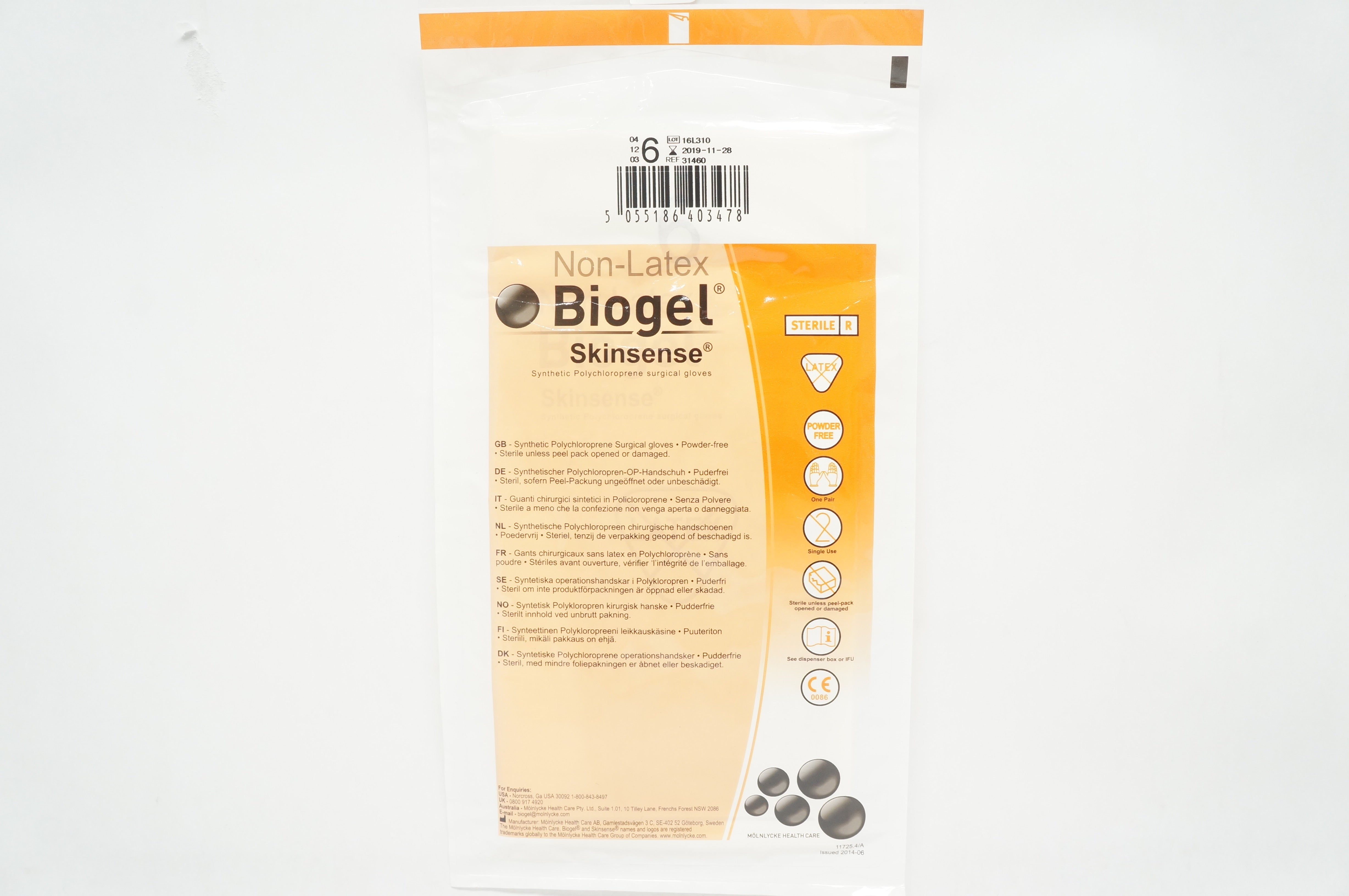 Molnlycke HealthCare 31460 Biogel Skinsense Surgical Gloves, Size 6 (x)