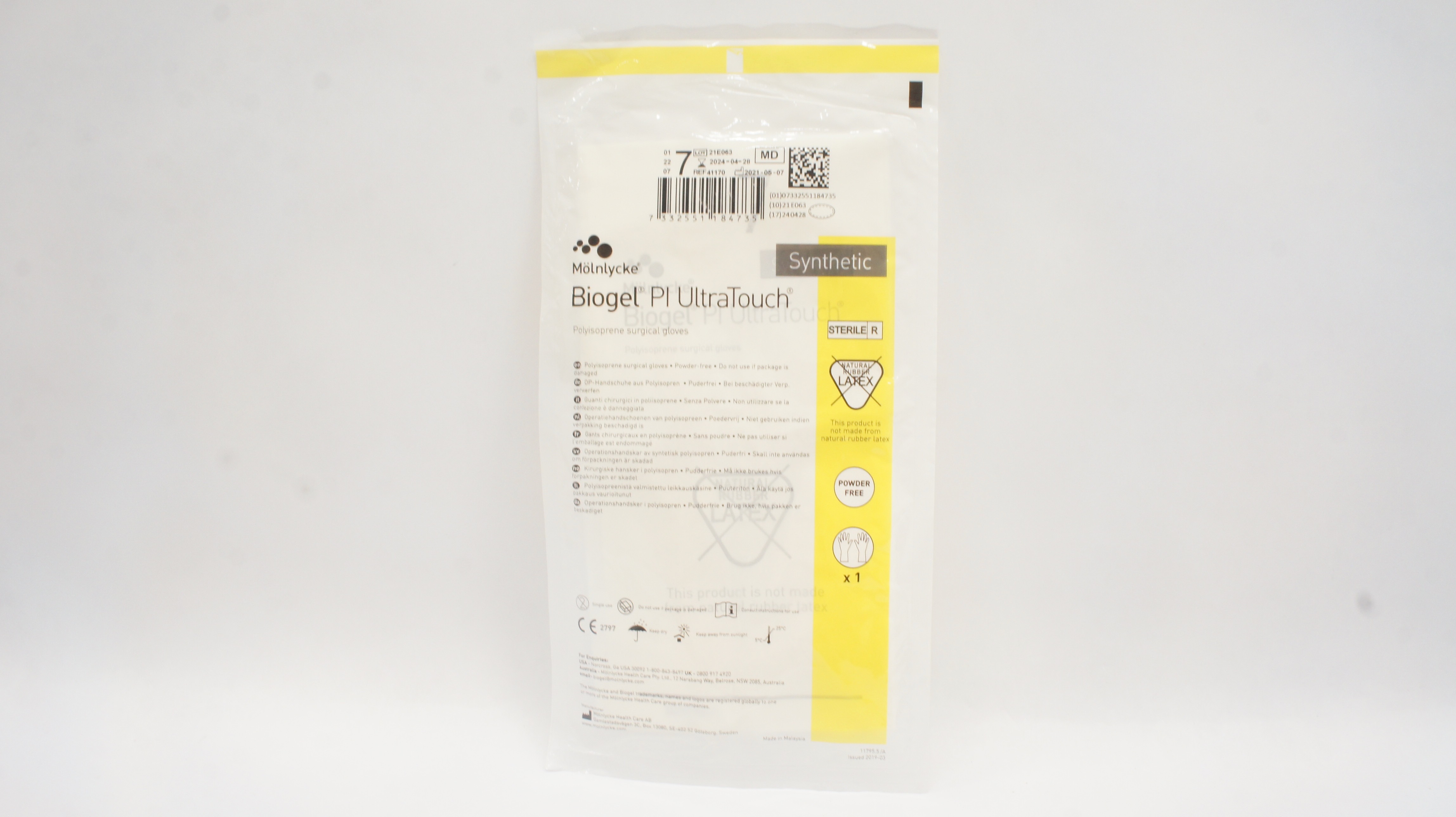 Molnlycke Healthcare 41170 Biogel Pl UltraTouch Synthetic Surgical Gloves Size 7