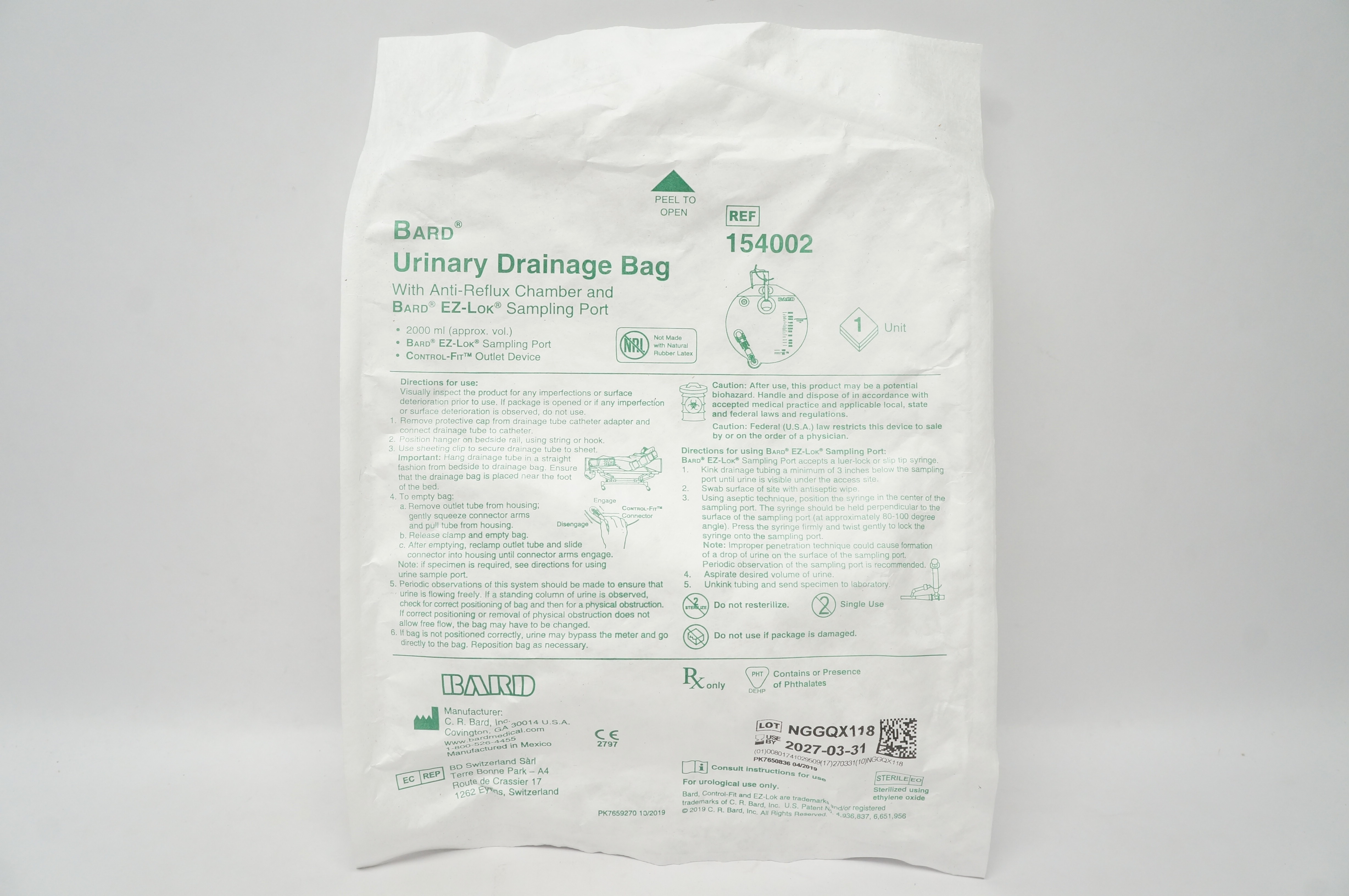 Bard 154002 Urinary Drainage Bag with Anti-Reflux Chamber & Sampling Port 2000ml