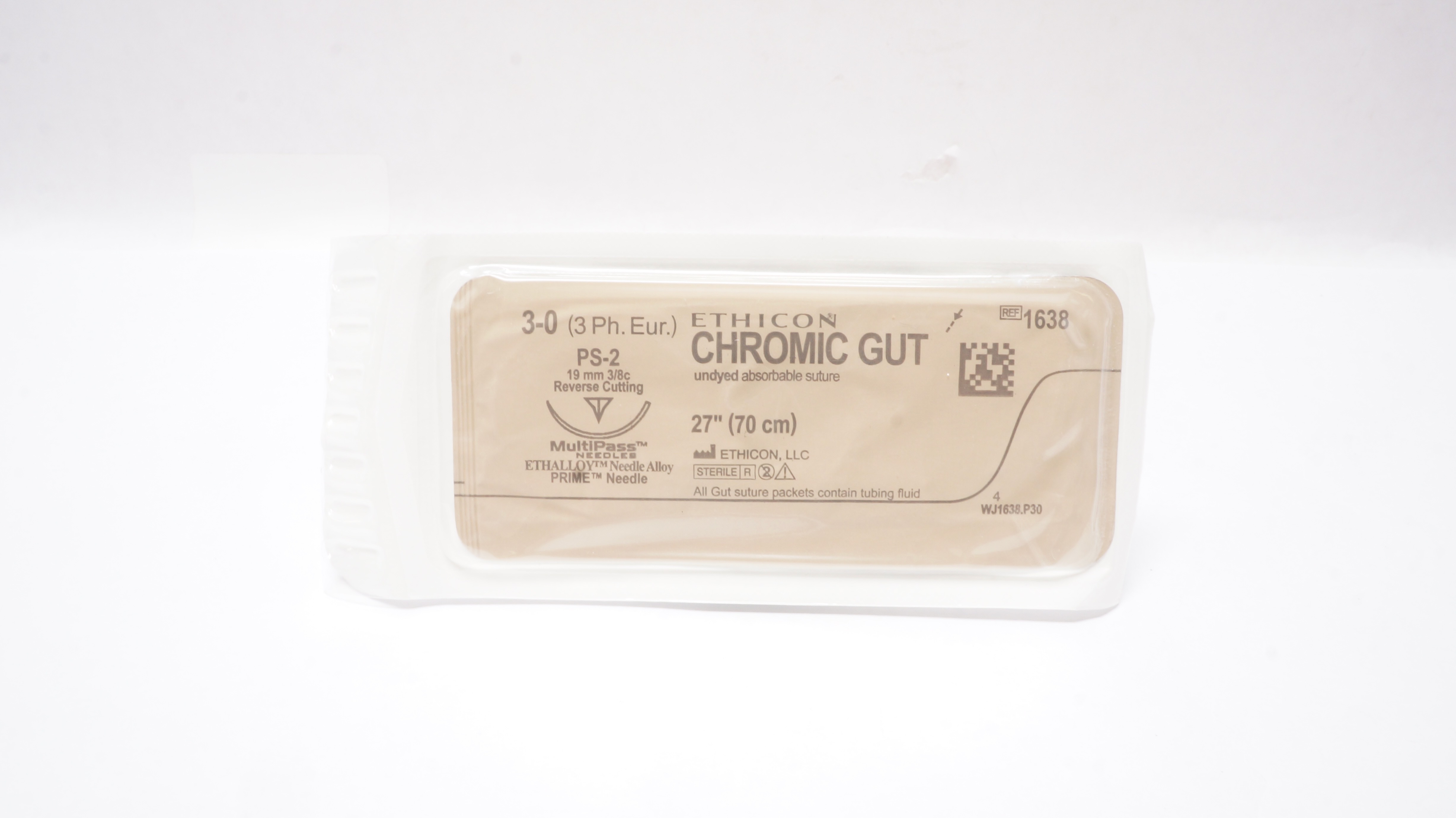 Ethicon 1638 3-0 Chromic Gut PS-2 19mm 3/8c Reverse Cutting 27inch