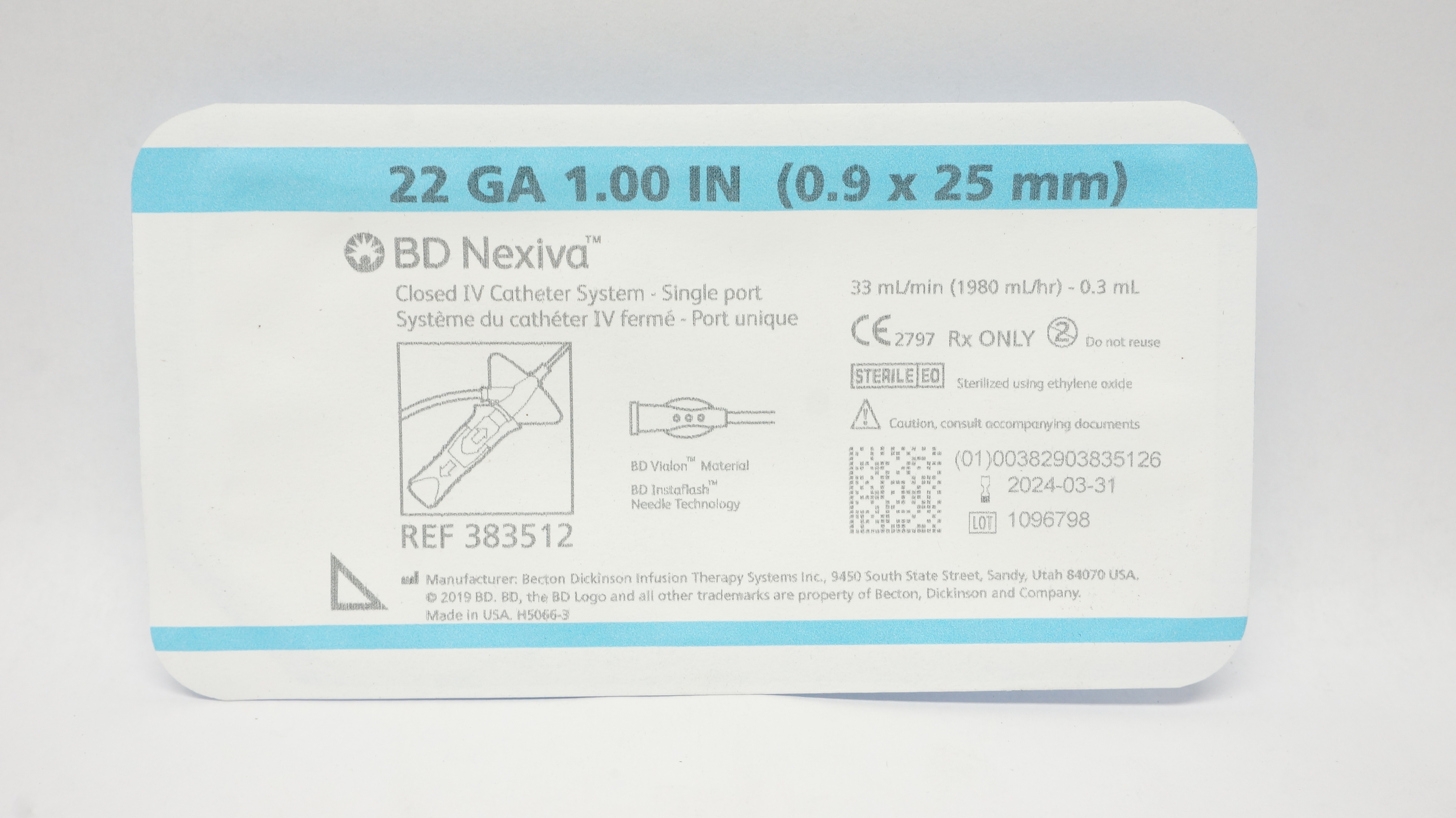 BD 383512 Nexiva Clodsed IV Cath. System - Single Port 22GA x 1.00inch