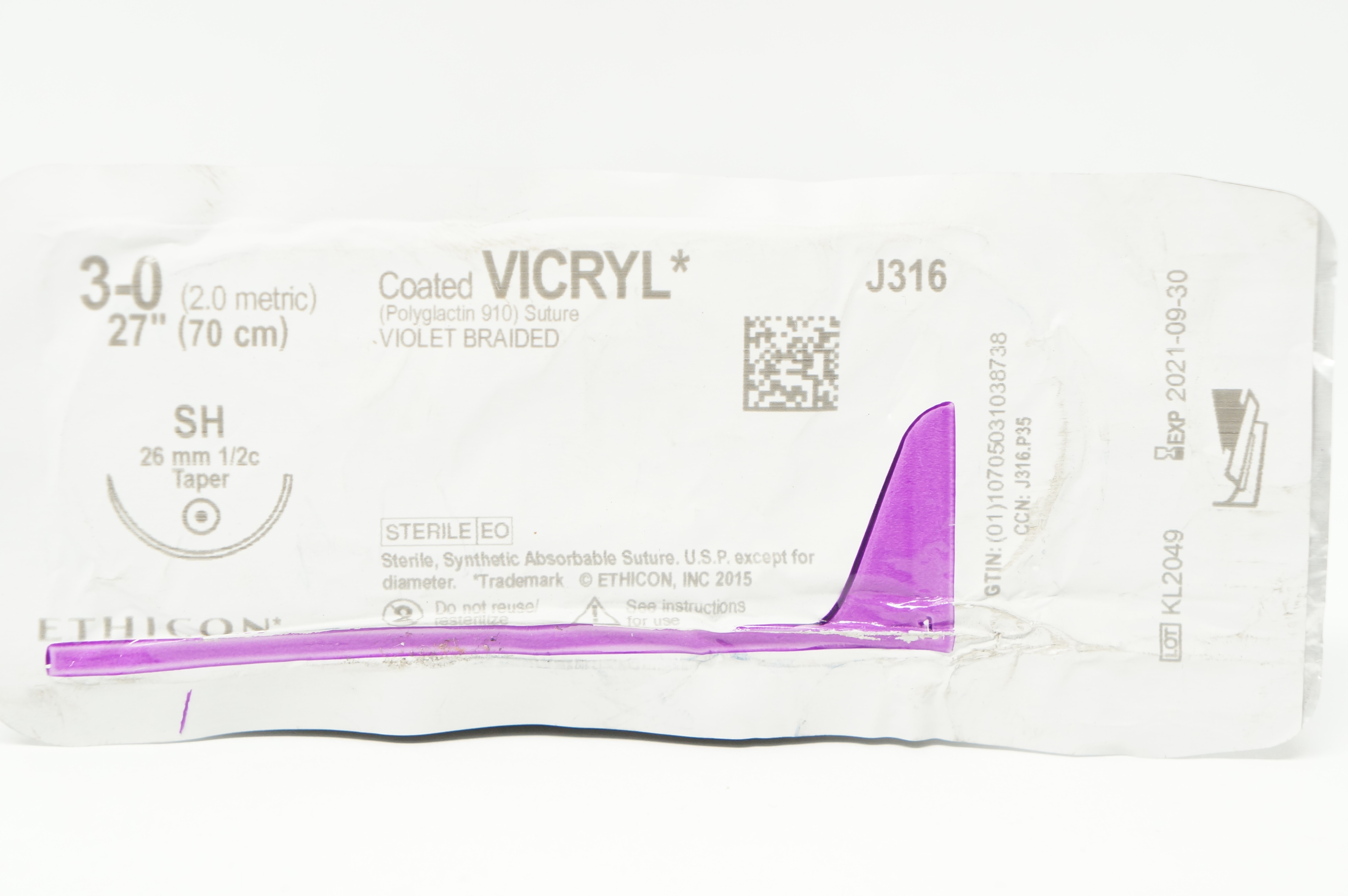 Ethicon J316 3-0 Coated VICRYL Polyglactin 910 Stre SH 26mm 1/2c Taper, 27in (x)