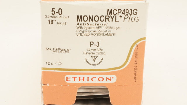 Ethicon MCP493G 5-0 MONOCRYL Plus Stre P-3 13mm 3/8c, 18inch (x) - Box of 12