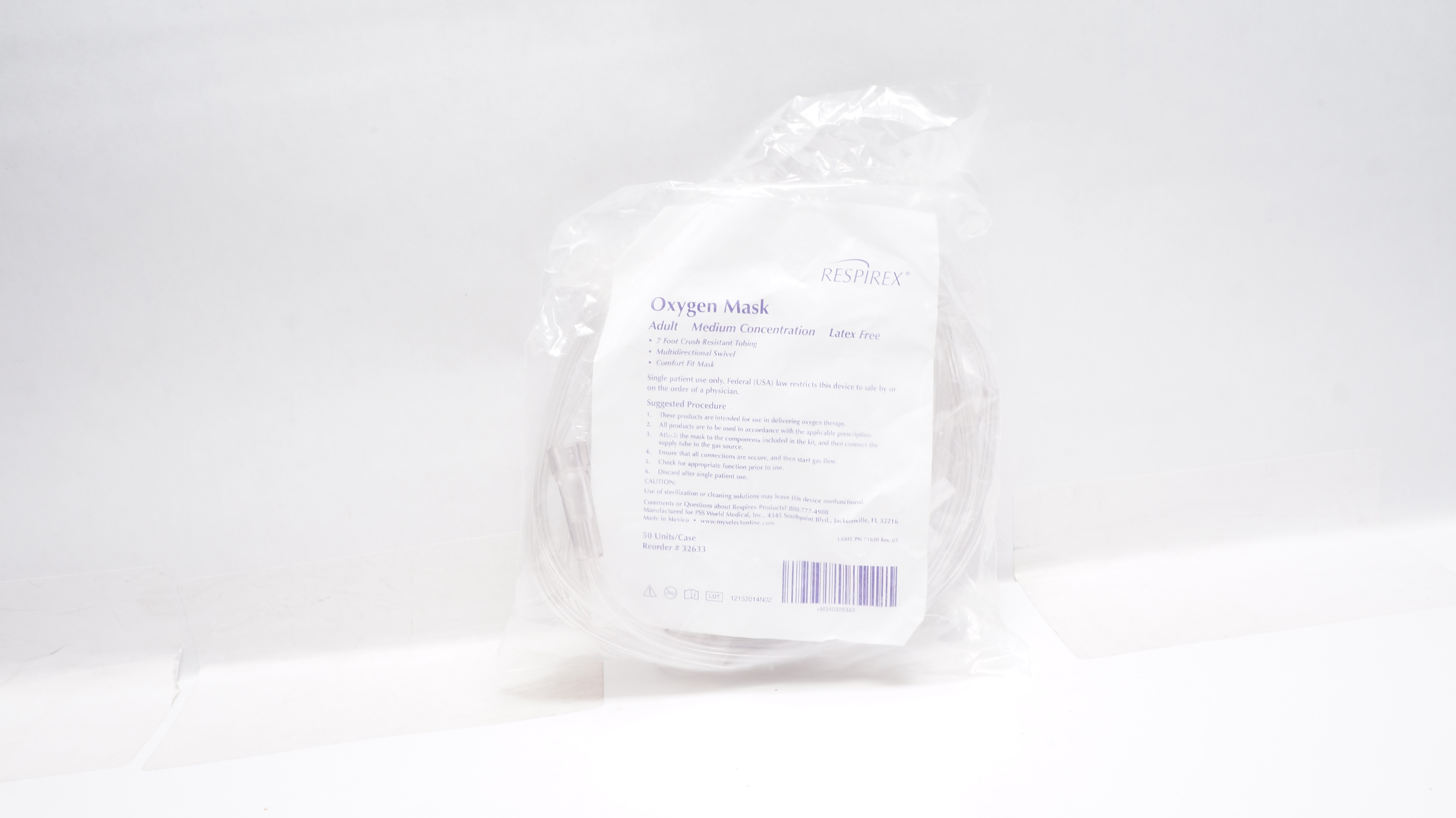 Respirex 32633 Adult Medium Concentration Latex Free Oxygen Mask 7Ft