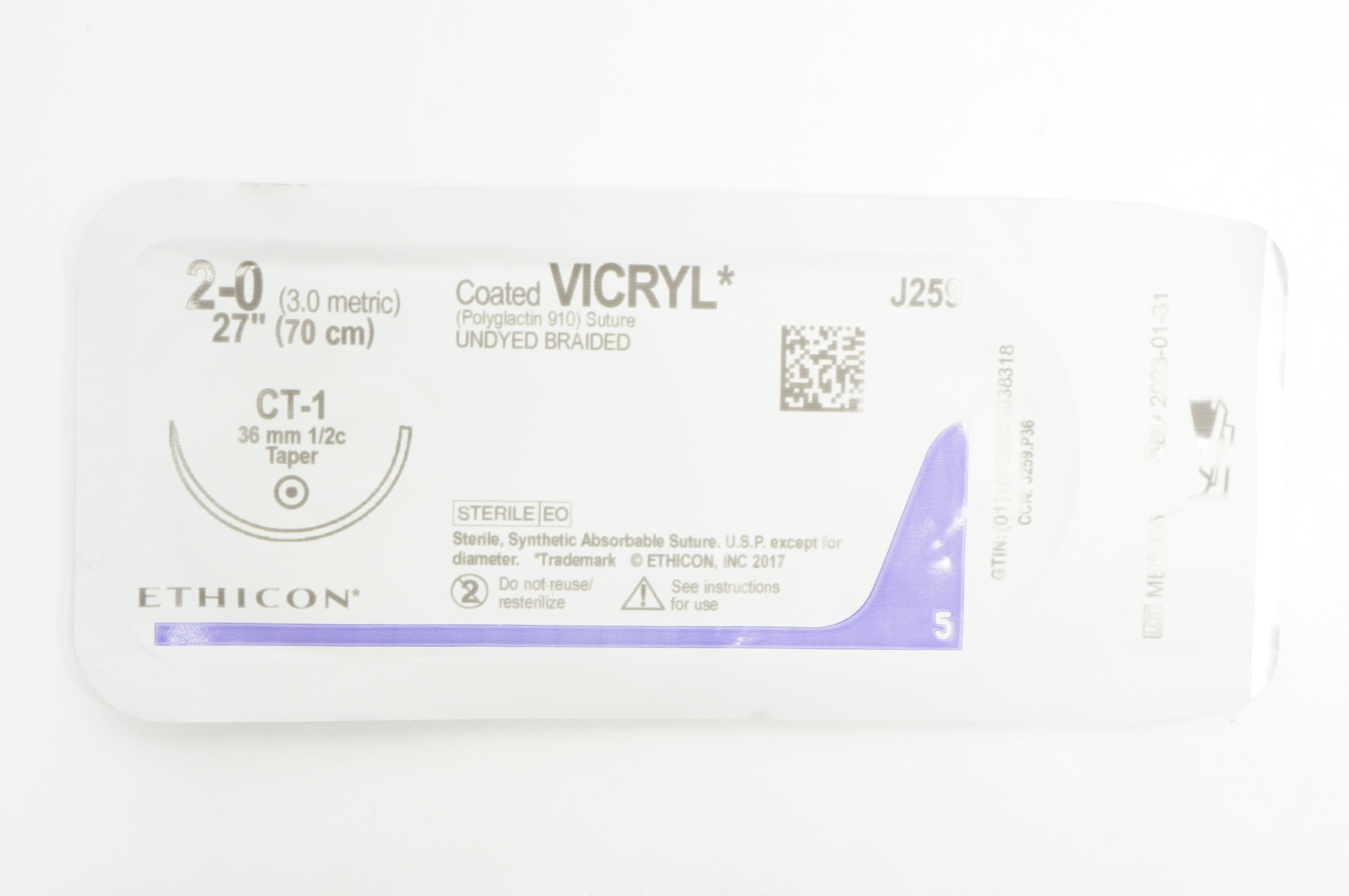 Ethicon J259 2-0 Coated VICRYL Stre CT-1 36mm 1/2c Taper, 27 inch