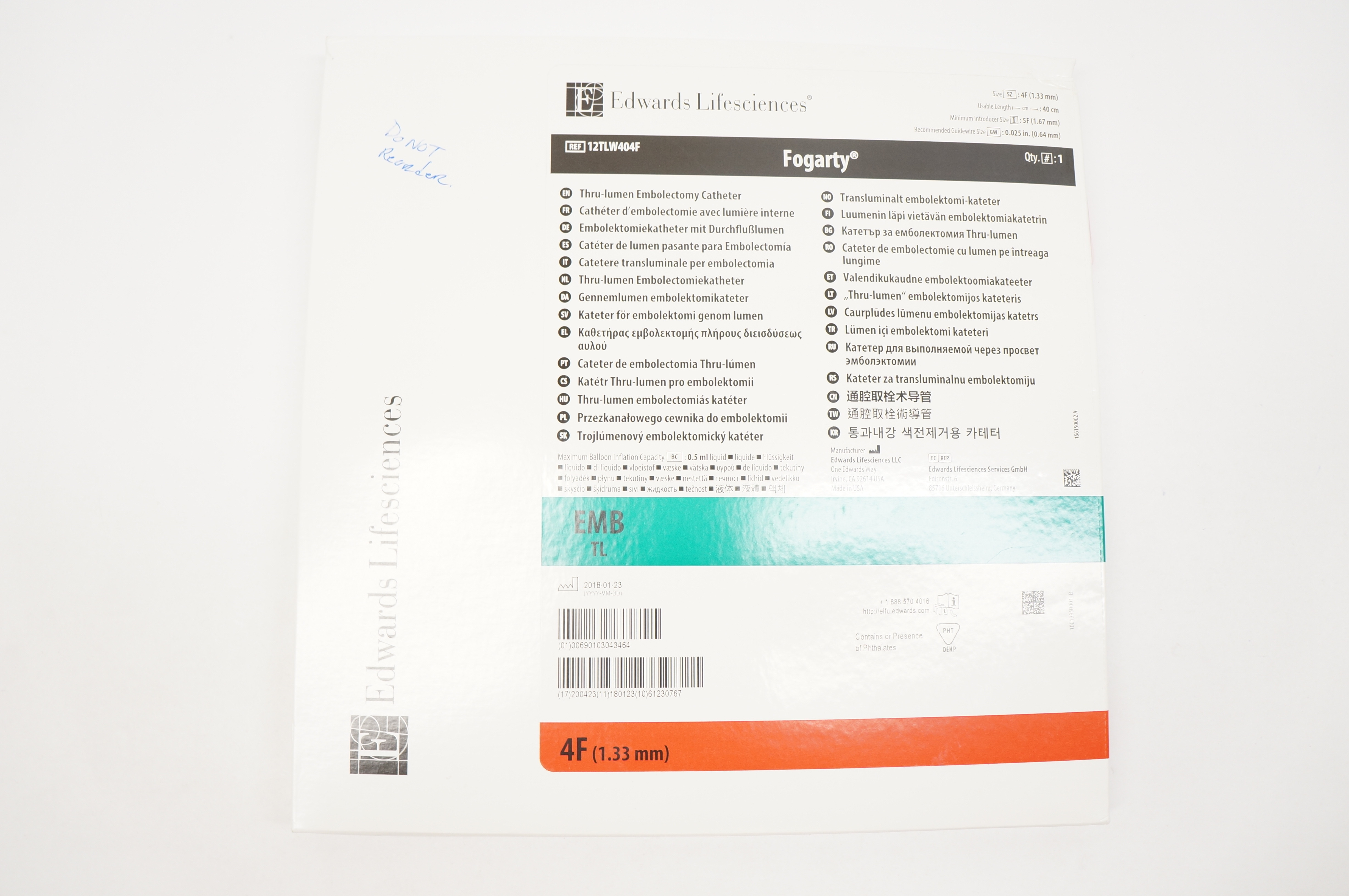 Edwards Lifesciences 12TLW404F Fogarty Thru-Lumen Embolectomy Cath. 4F x 40cm(x)