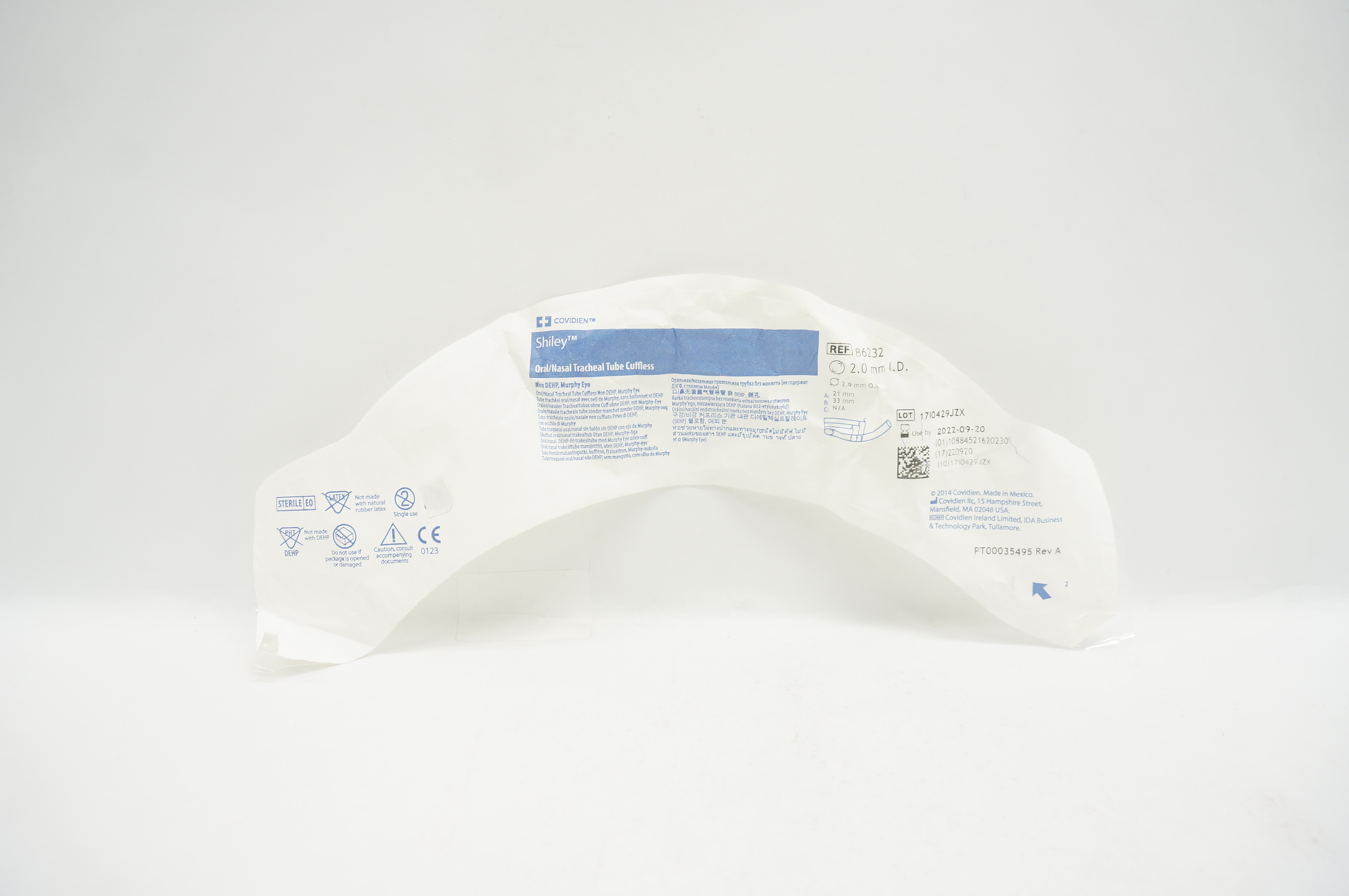 Covidien 86232 Shiley Oral/Nasal Endotracheal Tubes Cuffless 2.0mm x 2.9mm (x)