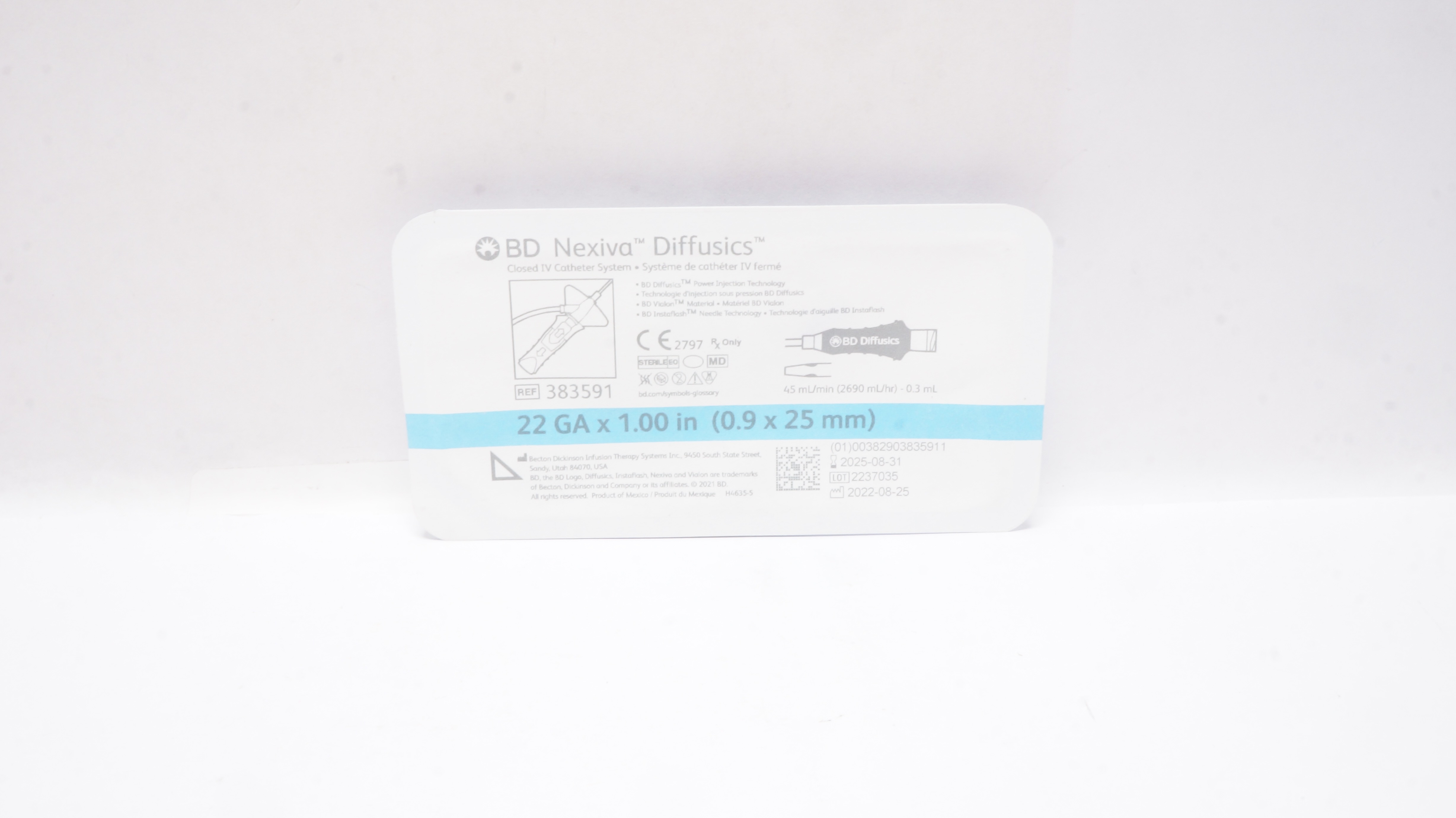 BD 383591 Nexiva Diffusics Closed IV Cath. System 22Ga x 1.00inch 45mL/min