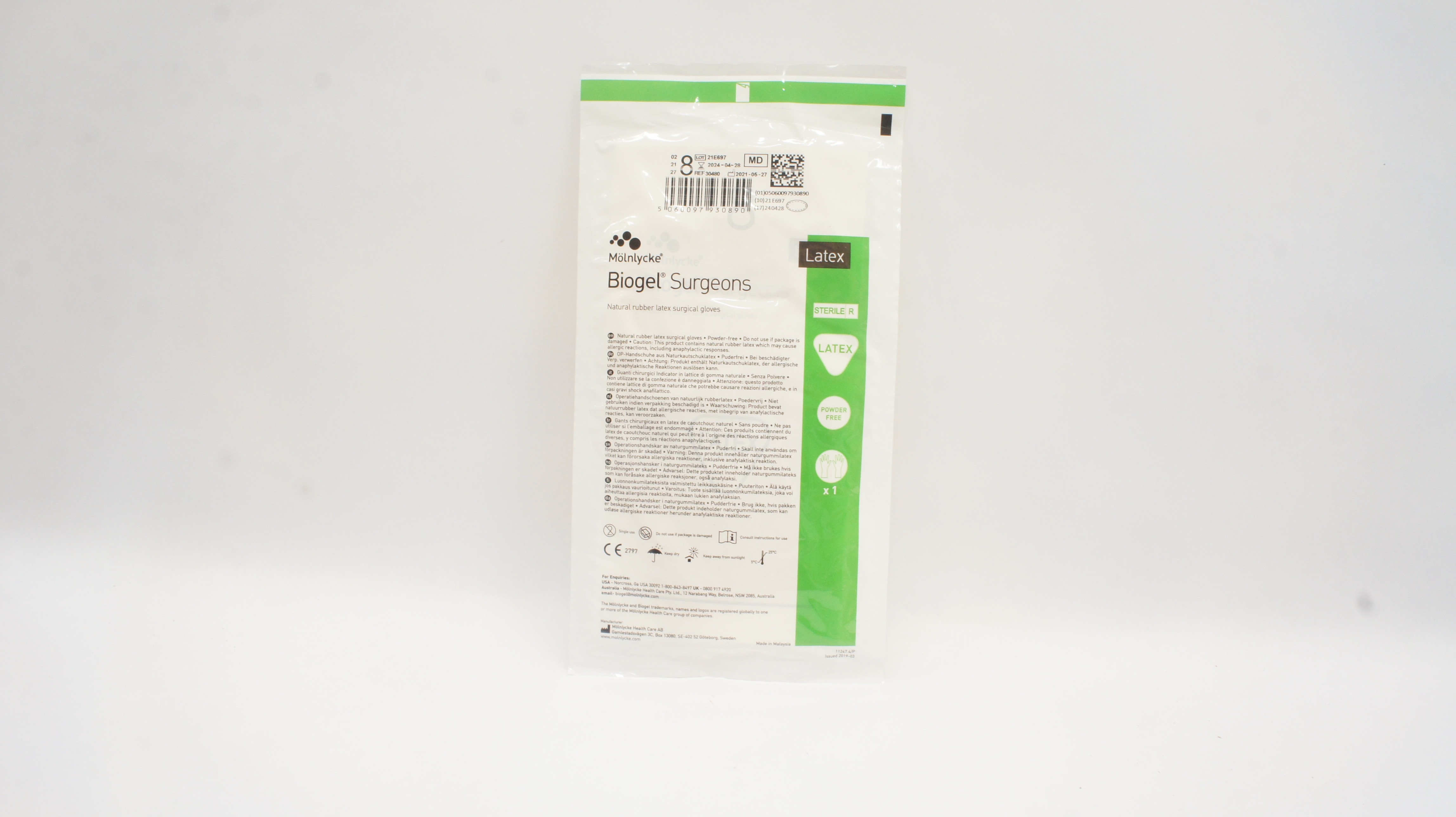 Molnlycke Healthcare 30480 Biogel Surgeons Latex Surgical Gloves, Size 8