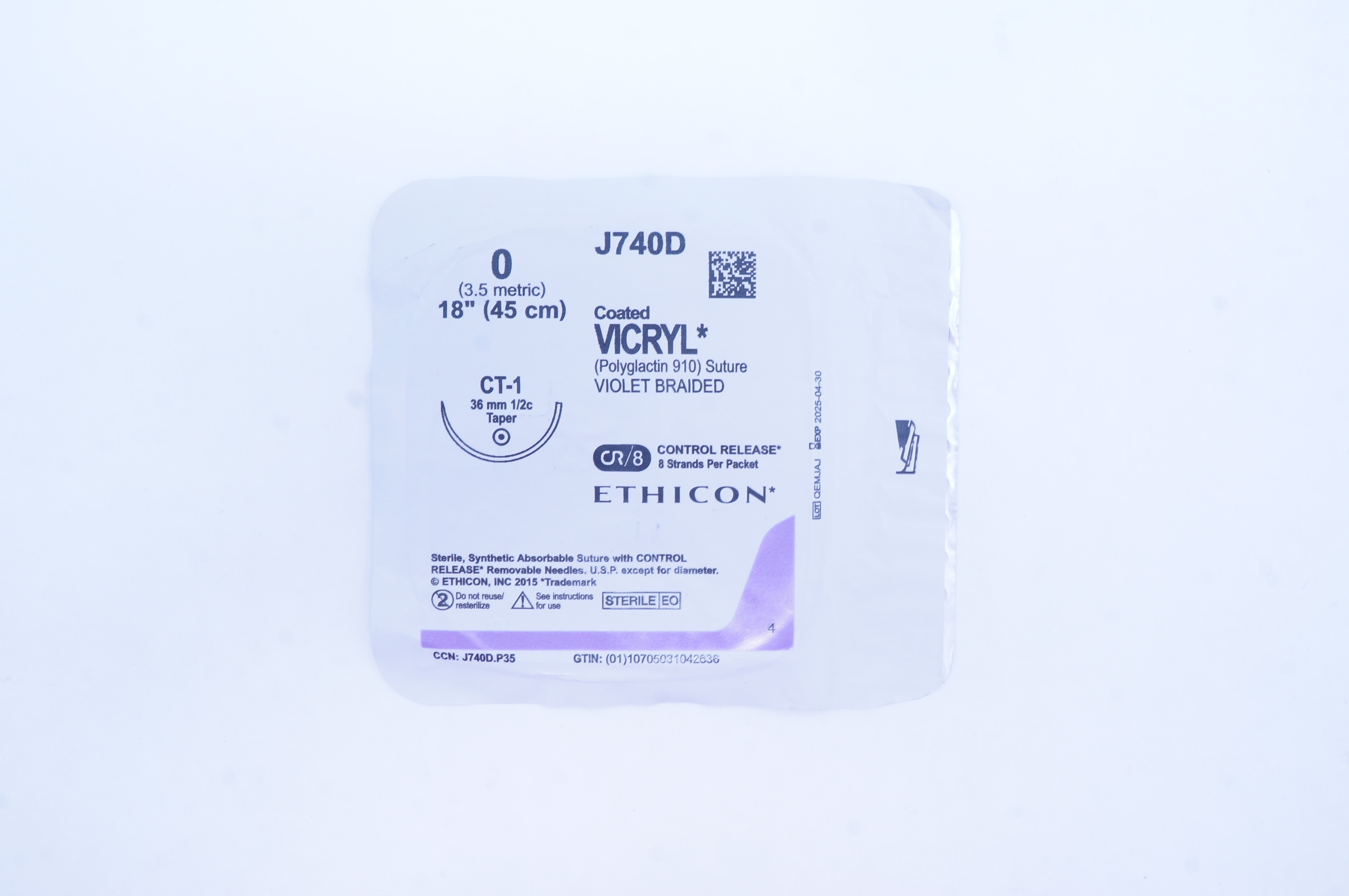 Ethicon J740D 0 Coated VICRYL CT-1 36mm 1/2c Taper, 18inch
