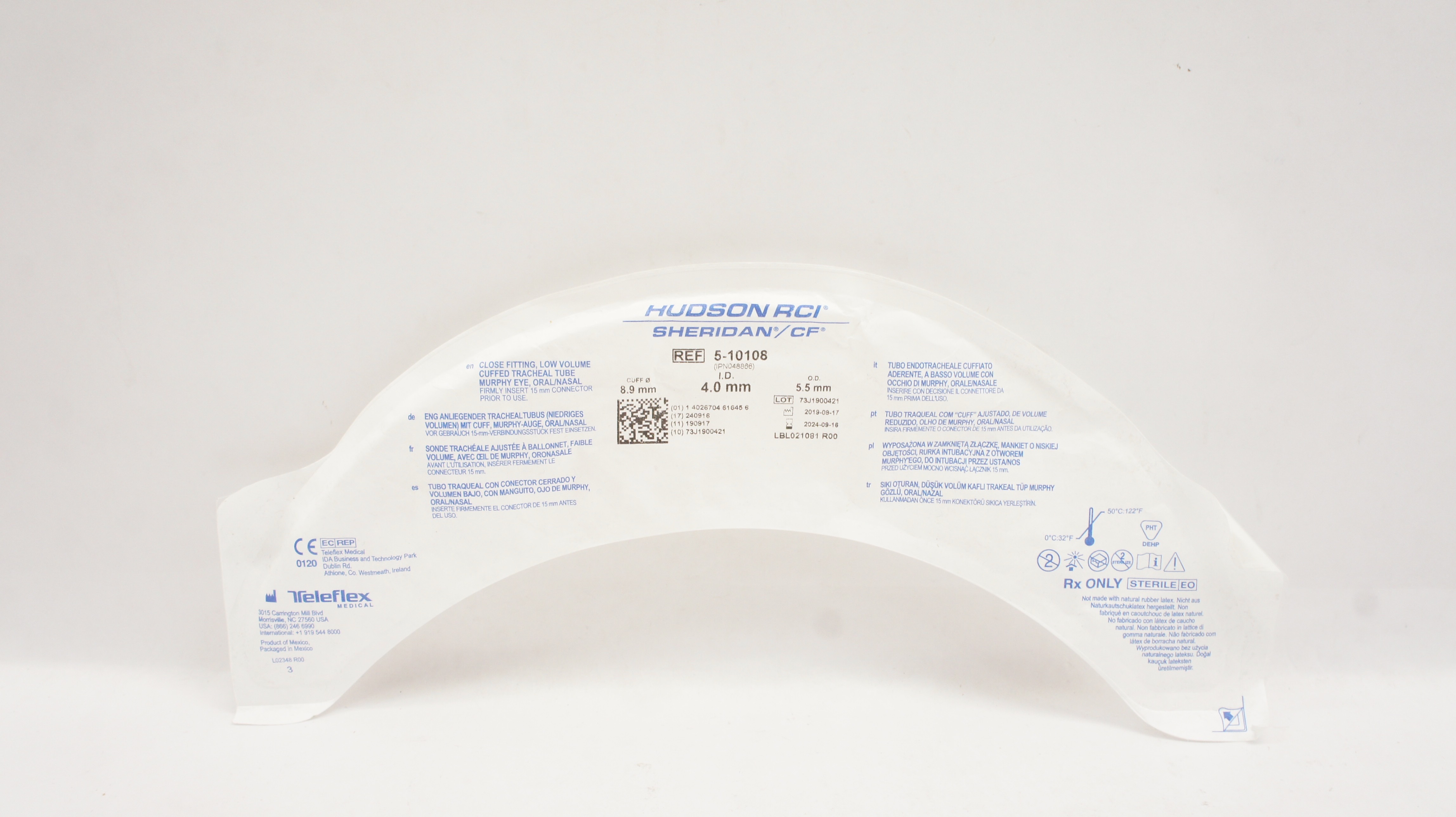 Teleflex 5-10108 Hudson RCI Sheridan CF Tracheal Tube 8.9mm x 4.0mm
