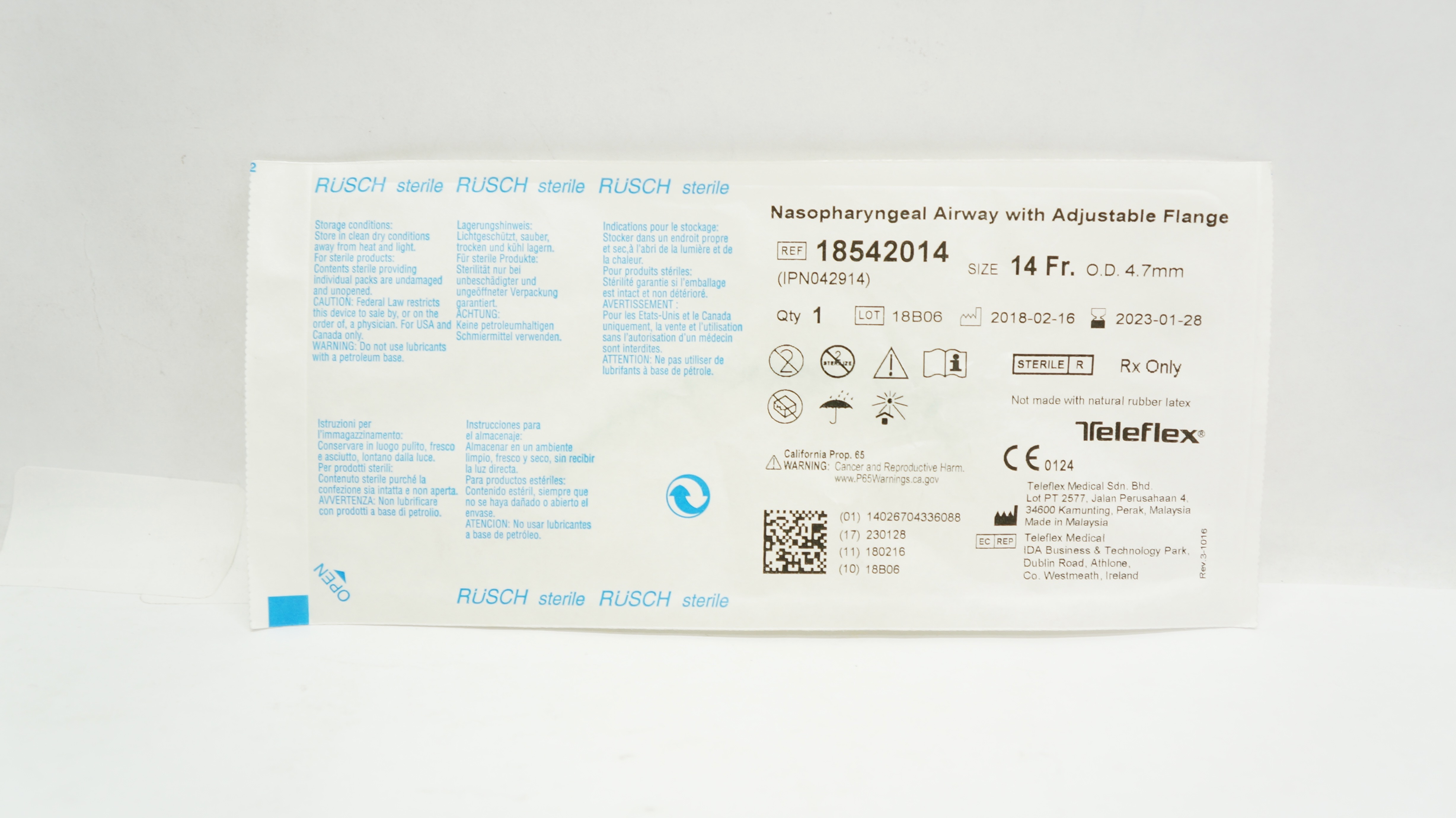 Teleflex 18542014 Rusch Nasopharyngeal Airway w/Adjustable Flange 14Frx4.7mm(x)
