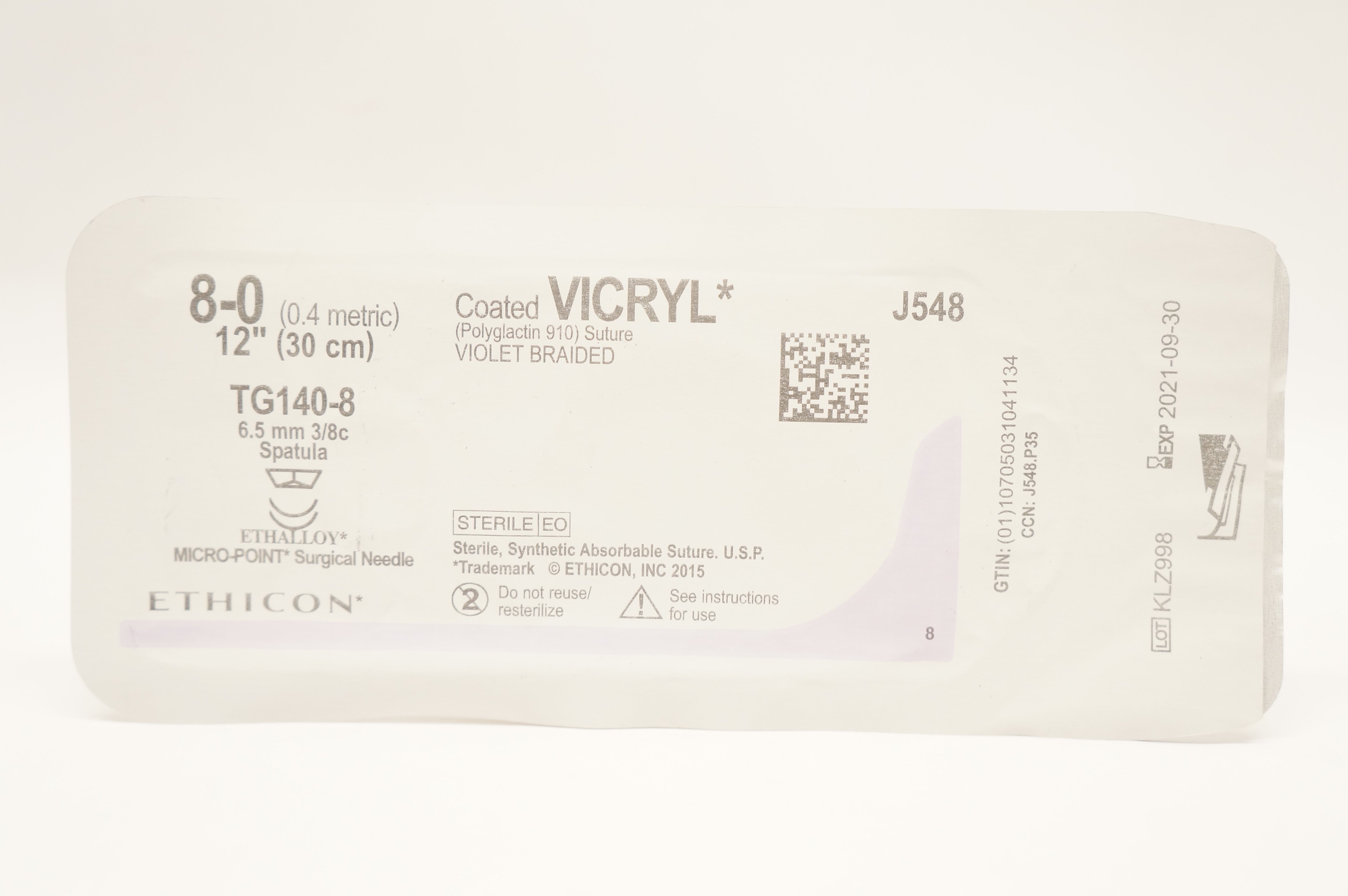 Ethicon J548 8-0 VICRYL TG140-8 6.5mm 3/8c Spatula 12inch (x)