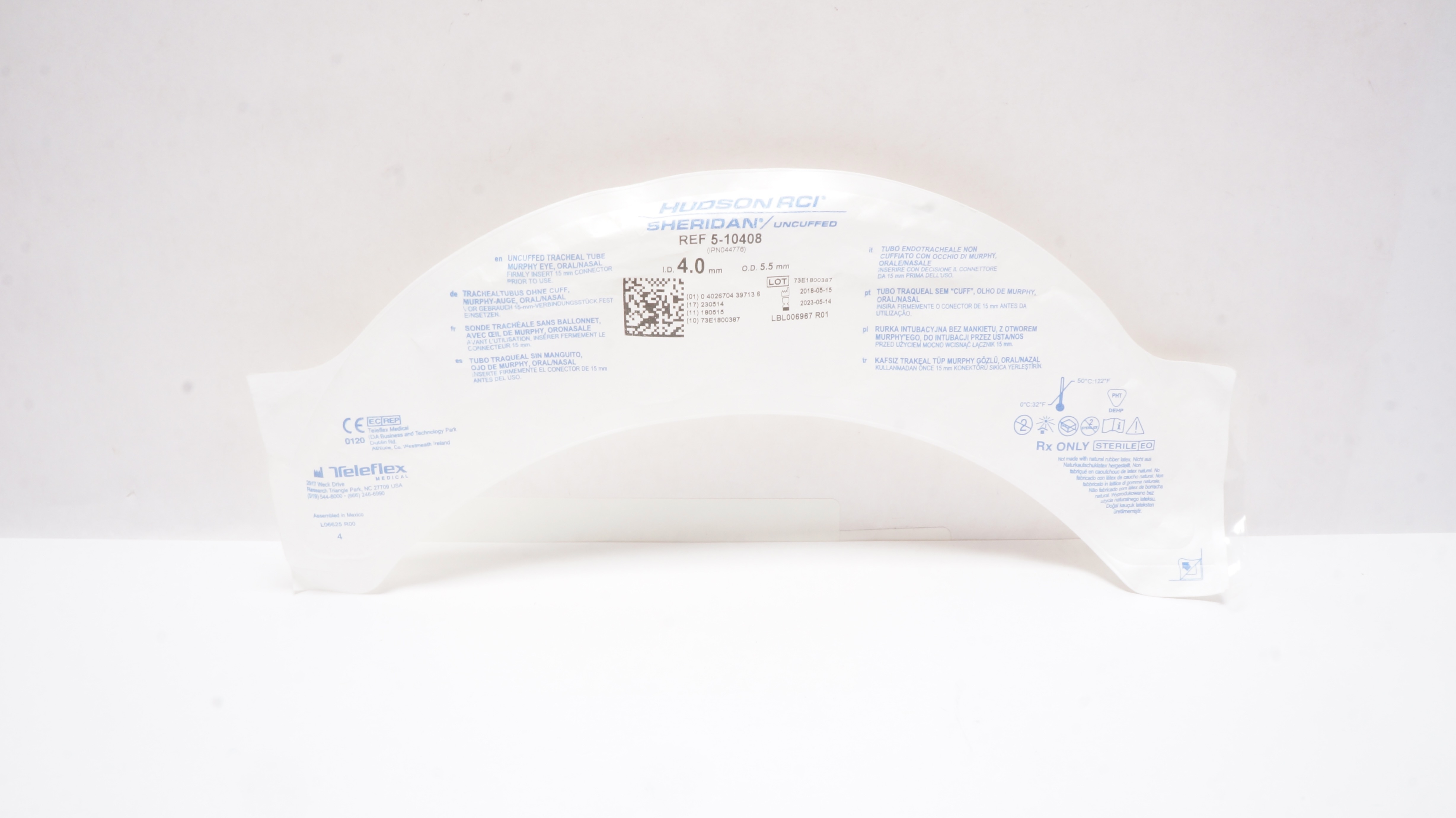Teleflex 5-10408 Hudson RCI Sheridan Uncuffed Tracheal Tube 4.0 ID x 5.5mm OD(x)
