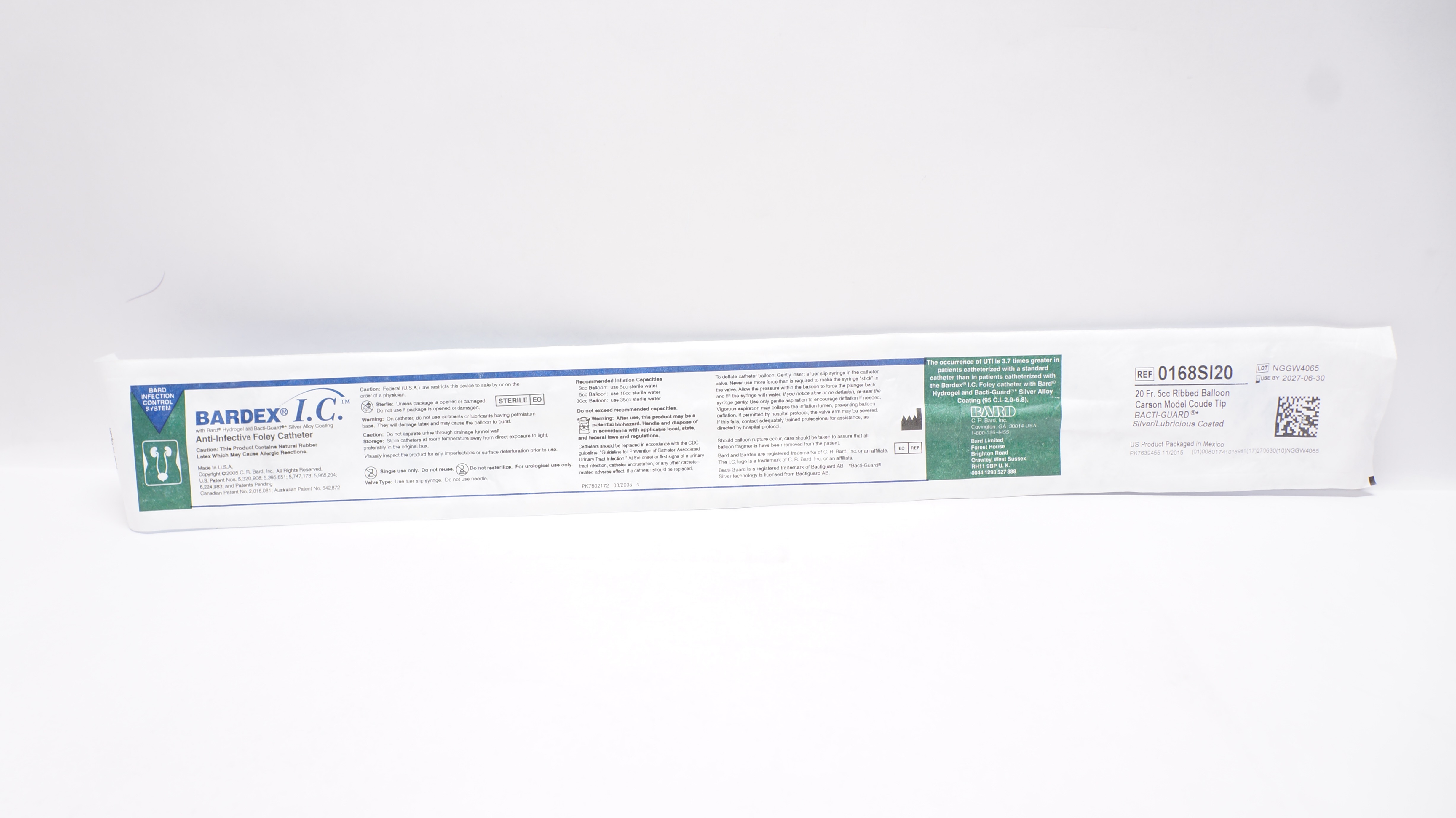 Bard 0168SI20 Bardex I.C. Anti-Infective Foley Cath. 20Fr 5cc Ribbed Balloon