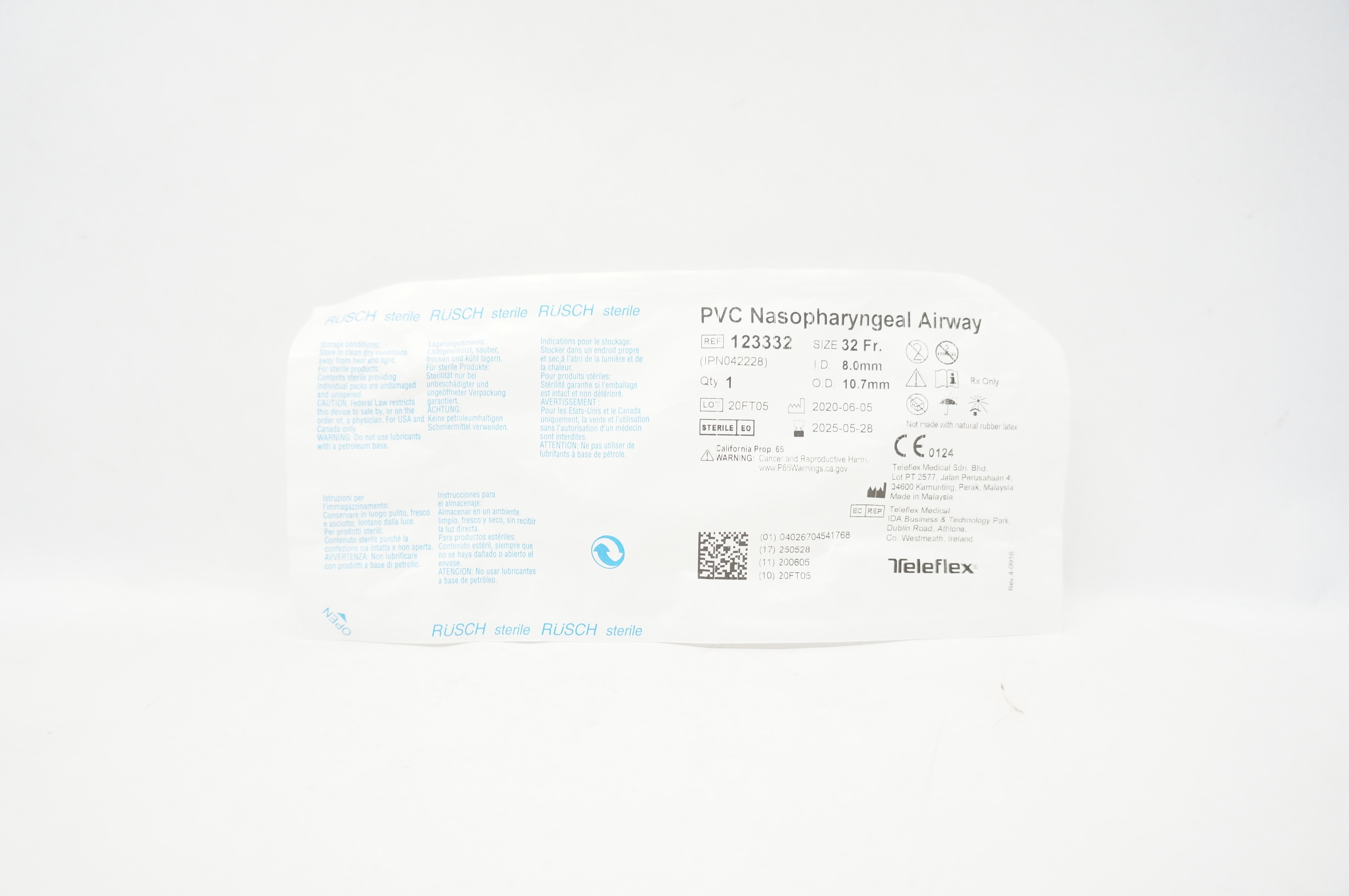 Teleflex 123332 Rusch PVC Nasopharyngeal Airway 32 Fr. 8.0mm I.D. x 10.7mm O.D.