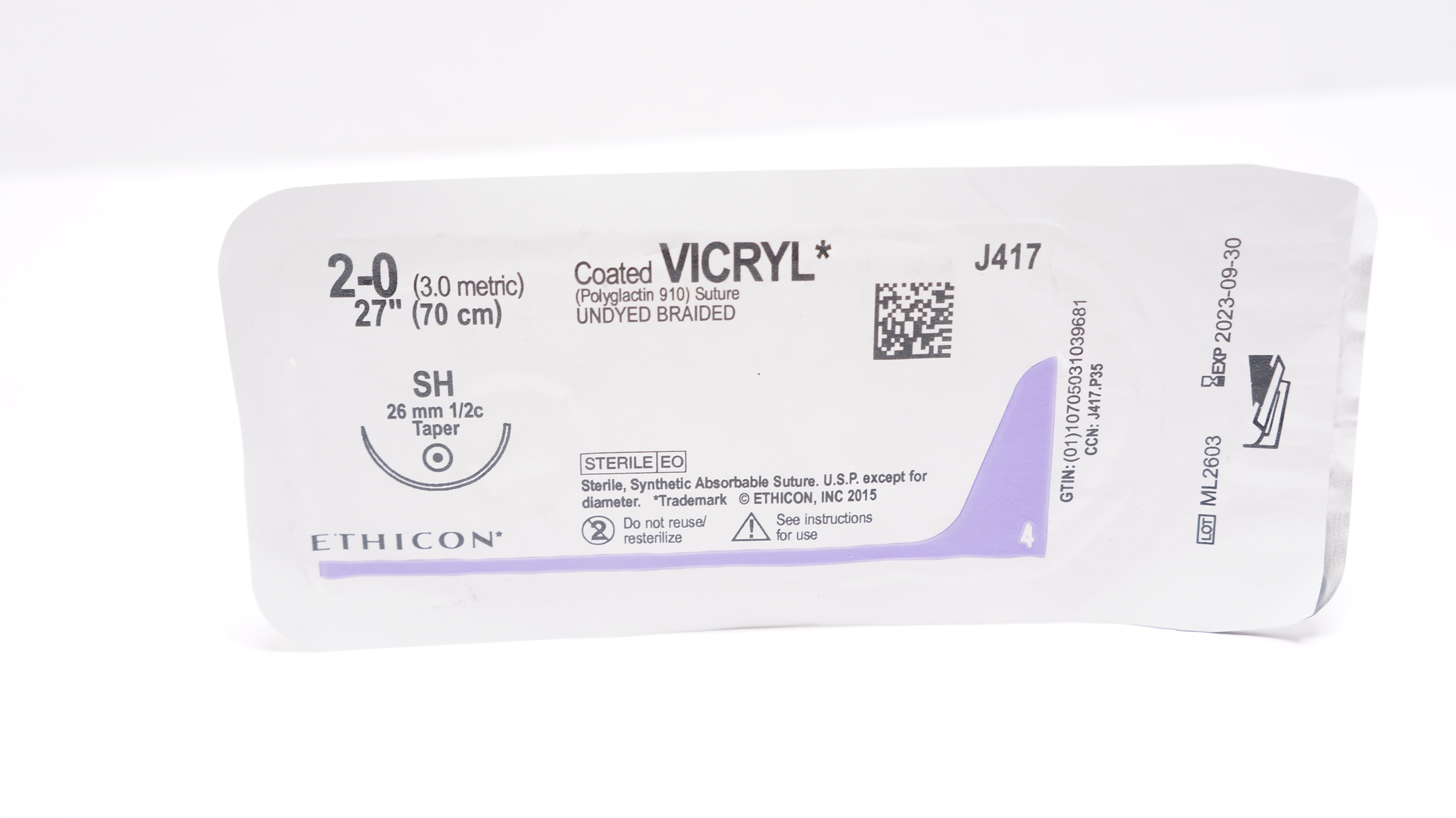 Ethicon J417 2-0 Coated VICRYL Polyglactin 910 Stre SH 26mm 1/2c Taper 27inch(x)