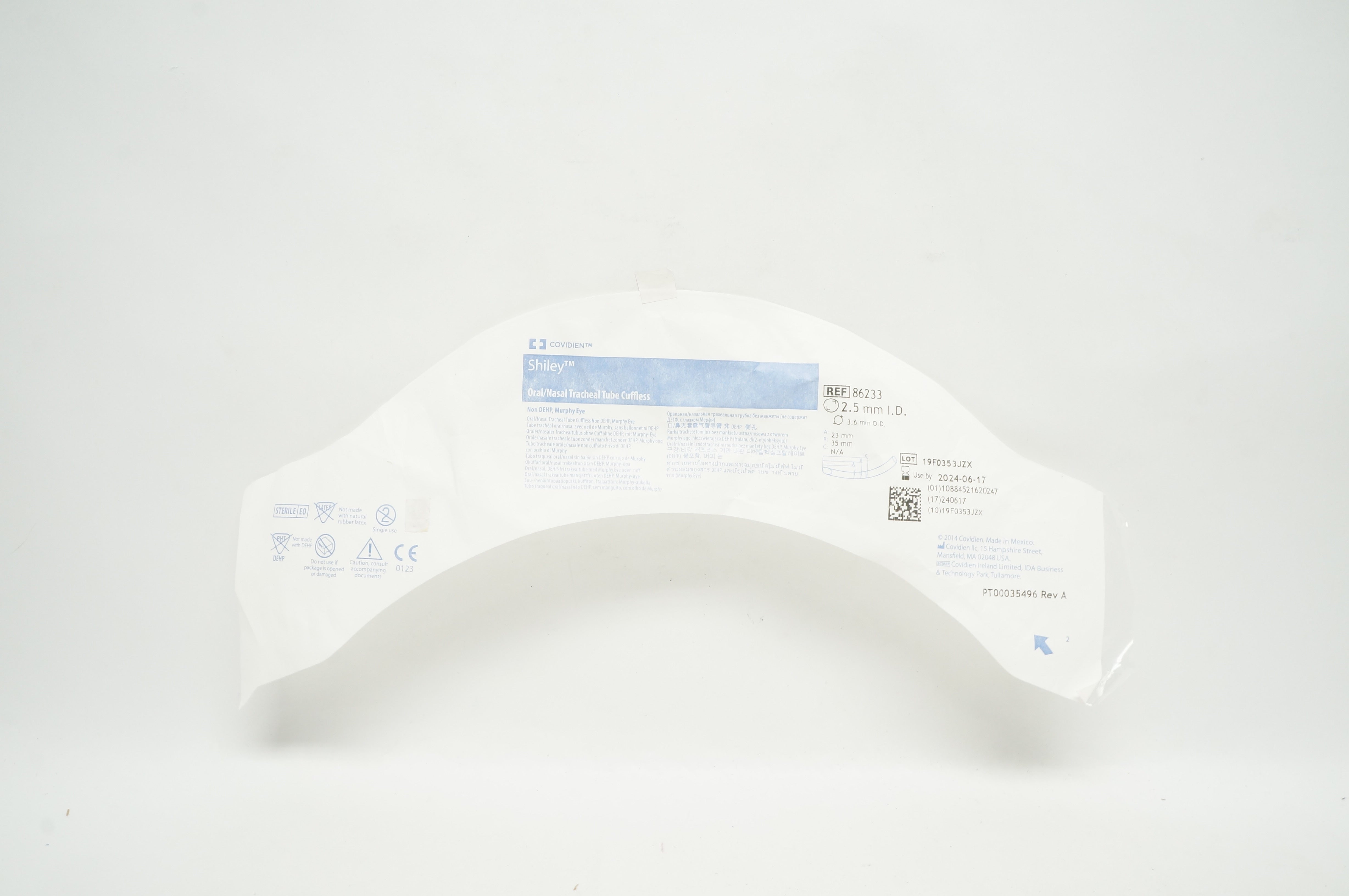Covidien 86233 Shiley Oral/Nasal Tracheal Tube Cuffless 2.5mm I.D. x 3.6mm O.D.
