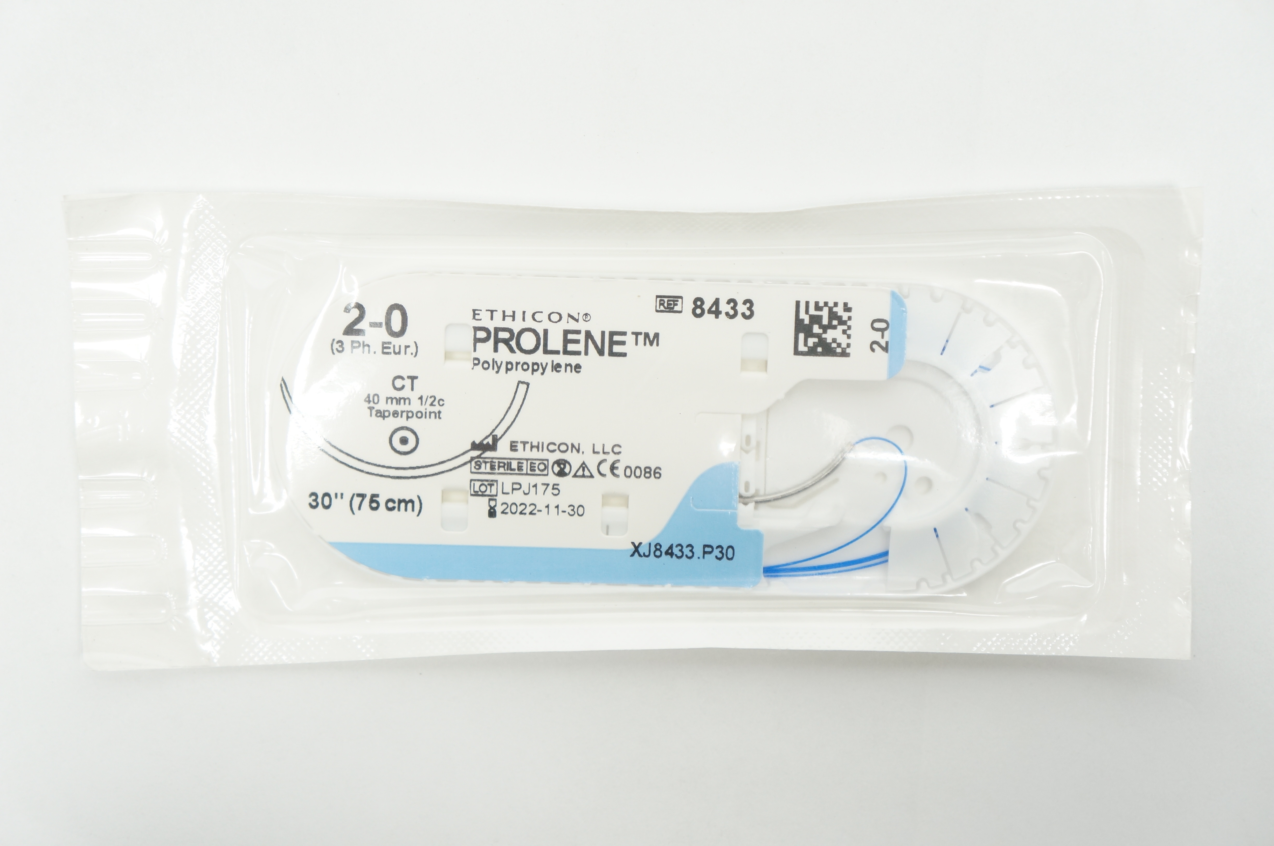 Ethicon 8433 2-0 PROLENE, CT 40mm 1/2c Taper, Blue Monofilament, 30inch