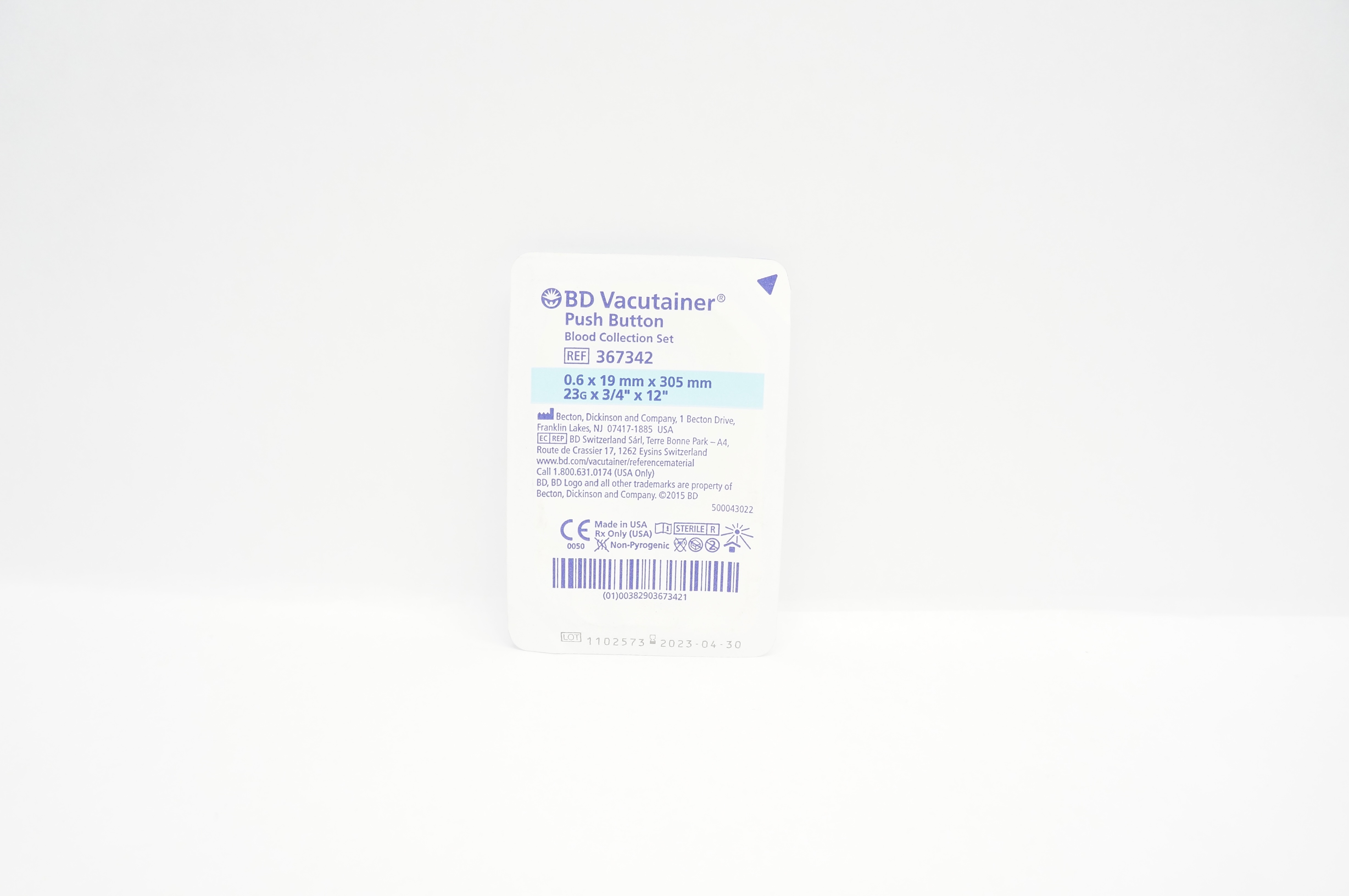 BD 367342 Vacutainer Push Button Blood Collection Set 23G x 3/4inch x 12inch