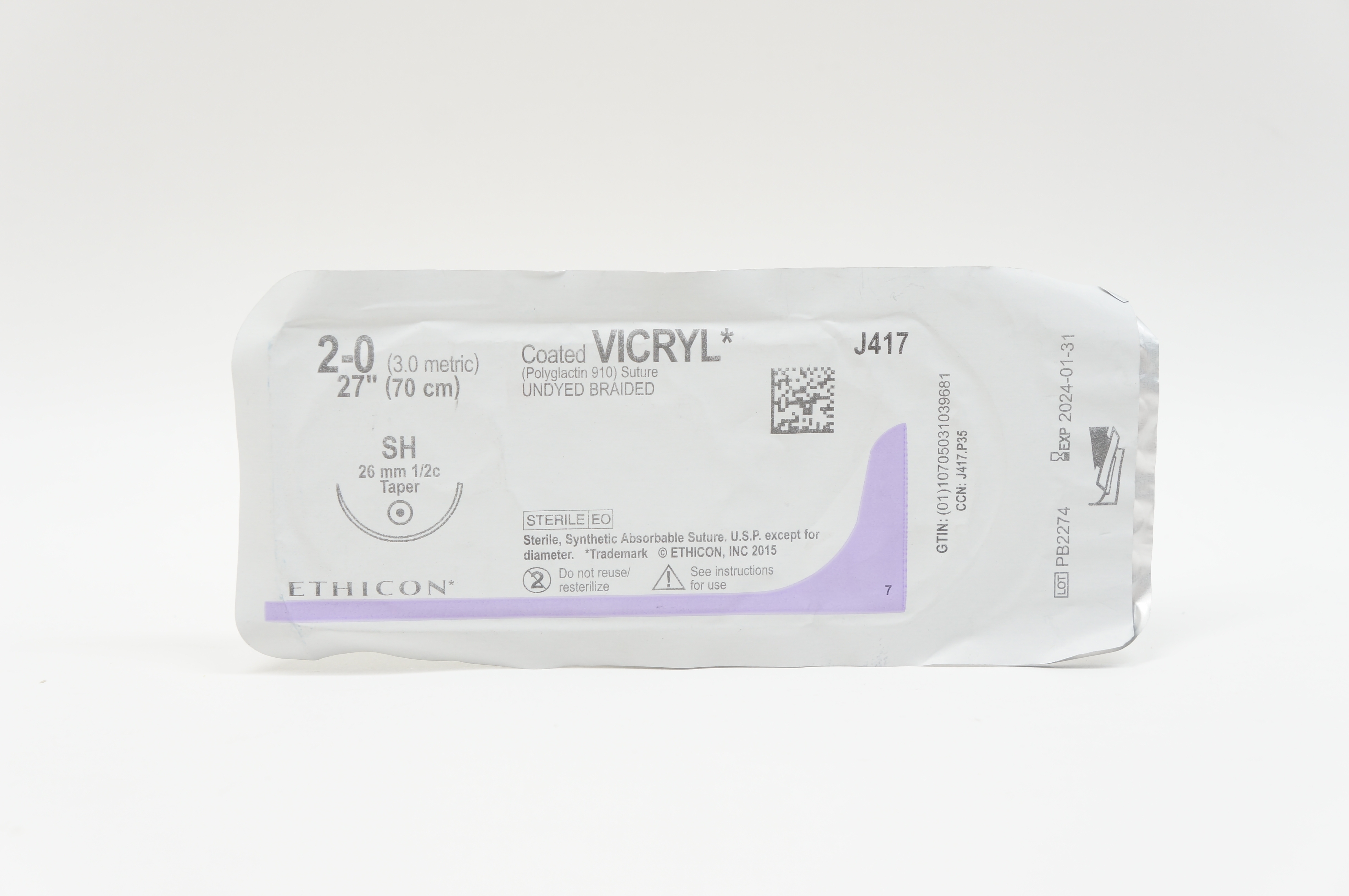 Ethicon J417 2-0 VICRYL, SH, 26mm 1/2c Taper, 27inch
